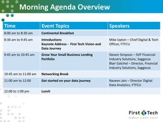 Morning Agenda Overview
Time Event Topics Speakers
8:00 am to 8:30 am Continental Breakfast
8:30 am to 9:45 am Introductio...
