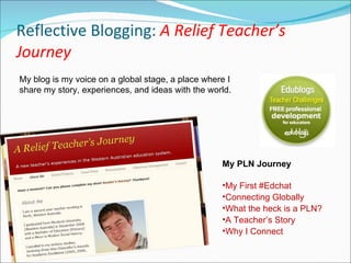Reflective Blogging:  A Relief Teacher’s Journey My blog is my voice on a global stage, a place where I share my story, experiences, and ideas with the world.  My PLN Journey My First #Edchat Connecting Globally  What the heck is a PLN? A Teacher’s Story  Why I Connect 