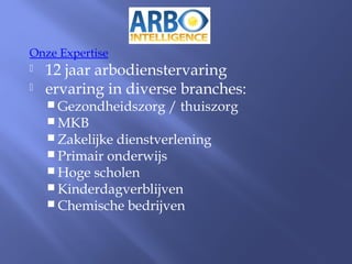Onze Expertise
 12 jaar arbodienstervaring
 ervaring in diverse branches:
 Gezondheidszorg / thuiszorg
 MKB
 Zakelijke dienstverlening
 Primair onderwijs
 Hoge scholen
 Kinderdagverblijven
 Chemische bedrijven
 