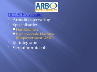 DIENSTEN verzuim
 Arbodienstervaring
 Specialisatie:
 Hartklachten
 Psychosociale klachten
(Empowerment-UMC)
 Re-integratie
 Verzuimprotocol
 