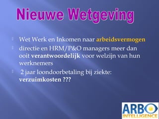  Wet Werk en Inkomen naar arbeidsvermogen
 directie en HRM/P&O managers meer dan
ooit verantwoordelijk voor welzijn van hun
werknemers
 2 jaar loondoorbetaling bij ziekte:
verzuimkosten ???
 