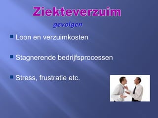  Loon en verzuimkosten
 Stagnerende bedrijfsprocessen
 Stress, frustratie etc.
 