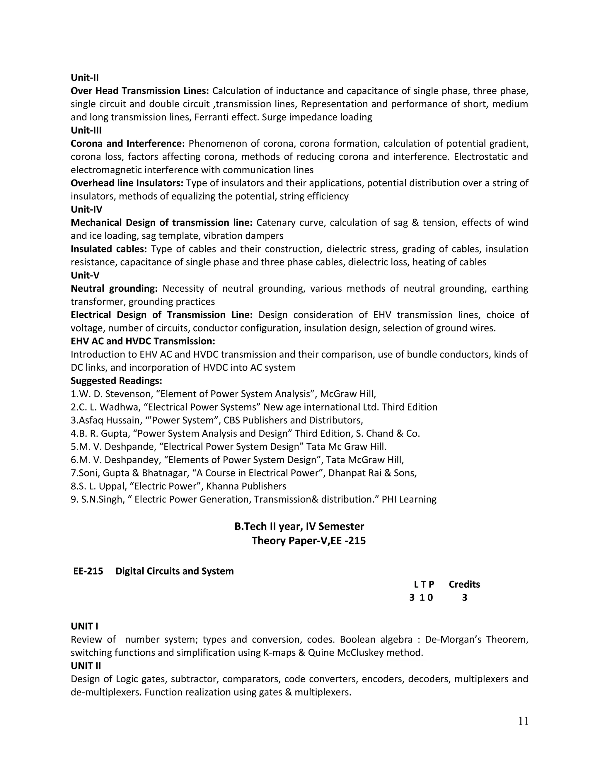 Unit-II
Over Head Transmission Lines: Calculation of inductance and capacitance of single phase, three phase,
single circuit and double circuit ,transmission lines, Representation and performance of short, medium
and long transmission lines, Ferranti effect. Surge impedance loading
Unit-III
Corona and Interference: Phenomenon of corona, corona formation, calculation of potential gradient,
corona loss, factors affecting corona, methods of reducing corona and interference. Electrostatic and
electromagnetic interference with communication lines
Overhead line Insulators: Type of insulators and their applications, potential distribution over a string of
insulators, methods of equalizing the potential, string efficiency
Unit-IV
Mechanical Design of transmission line: Catenary curve, calculation of sag & tension, effects of wind
and ice loading, sag template, vibration dampers
Insulated cables: Type of cables and their construction, dielectric stress, grading of cables, insulation
resistance, capacitance of single phase and three phase cables, dielectric loss, heating of cables
Unit-V
Neutral grounding: Necessity of neutral grounding, various methods of neutral grounding, earthing
transformer, grounding practices
Electrical Design of Transmission Line: Design consideration of EHV transmission lines, choice of
voltage, number of circuits, conductor configuration, insulation design, selection of ground wires.
EHV AC and HVDC Transmission:
Introduction to EHV AC and HVDC transmission and their comparison, use of bundle conductors, kinds of
DC links, and incorporation of HVDC into AC system
Suggested Readings:
1.W. D. Stevenson, “Element of Power System Analysis”, McGraw Hill,
2.C. L. Wadhwa, “Electrical Power Systems” New age international Ltd. Third Edition
3.Asfaq Hussain, “'Power System”, CBS Publishers and Distributors,
4.B. R. Gupta, “Power System Analysis and Design” Third Edition, S. Chand & Co.
5.M. V. Deshpande, “Electrical Power System Design” Tata Mc Graw Hill.
6.M. V. Deshpandey, “Elements of Power System Design”, Tata McGraw Hill,
7.Soni, Gupta & Bhatnagar, “A Course in Electrical Power”, Dhanpat Rai & Sons,
8.S. L. Uppal, “Electric Power”, Khanna Publishers
9. S.N.Singh, “ Electric Power Generation, Transmission& distribution.” PHI Learning
B.Tech II year, IV Semester
Theory Paper-V,EE -215
EE-215 Digital Circuits and System
L T P Credits
3 1 0 3
UNIT I
Review of number system; types and conversion, codes. Boolean algebra : De-Morgan’s Theorem,
switching functions and simplification using K-maps & Quine McCluskey method.
UNIT II
Design of Logic gates, subtractor, comparators, code converters, encoders, decoders, multiplexers and
de-multiplexers. Function realization using gates & multiplexers.
11
 