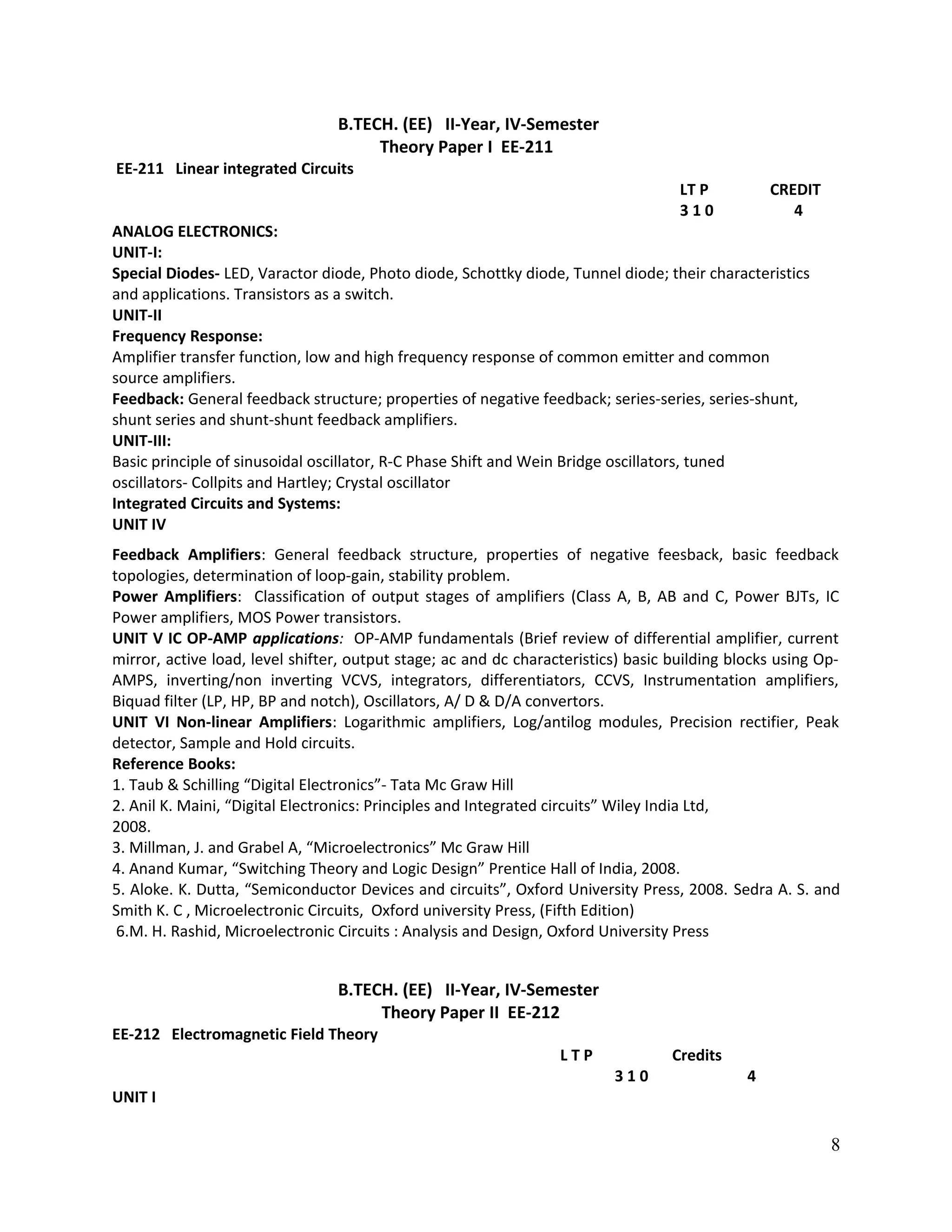 B.TECH. (EE) II-Year, IV-Semester
Theory Paper I EE-211
EE-211 Linear integrated Circuits
LT P CREDIT
3 1 0 4
ANALOG ELECTRONICS:
UNIT-I:
Special Diodes- LED, Varactor diode, Photo diode, Schottky diode, Tunnel diode; their characteristics
and applications. Transistors as a switch.
UNIT-II
Frequency Response:
Amplifier transfer function, low and high frequency response of common emitter and common
source amplifiers.
Feedback: General feedback structure; properties of negative feedback; series-series, series-shunt,
shunt series and shunt-shunt feedback amplifiers.
UNIT-III:
Basic principle of sinusoidal oscillator, R-C Phase Shift and Wein Bridge oscillators, tuned
oscillators- Collpits and Hartley; Crystal oscillator
Integrated Circuits and Systems:
UNIT IV
Feedback Amplifiers: General feedback structure, properties of negative feesback, basic feedback
topologies, determination of loop-gain, stability problem.
Power Amplifiers: Classification of output stages of amplifiers (Class A, B, AB and C, Power BJTs, IC
Power amplifiers, MOS Power transistors.
UNIT V IC OP-AMP applications: OP-AMP fundamentals (Brief review of differential amplifier, current
mirror, active load, level shifter, output stage; ac and dc characteristics) basic building blocks using Op-
AMPS, inverting/non inverting VCVS, integrators, differentiators, CCVS, Instrumentation amplifiers,
Biquad filter (LP, HP, BP and notch), Oscillators, A/ D & D/A convertors.
UNIT VI Non-linear Amplifiers: Logarithmic amplifiers, Log/antilog modules, Precision rectifier, Peak
detector, Sample and Hold circuits.
Reference Books:
1. Taub & Schilling “Digital Electronics”- Tata Mc Graw Hill
2. Anil K. Maini, “Digital Electronics: Principles and Integrated circuits” Wiley India Ltd,
2008.
3. Millman, J. and Grabel A, “Microelectronics” Mc Graw Hill
4. Anand Kumar, “Switching Theory and Logic Design” Prentice Hall of India, 2008.
5. Aloke. K. Dutta, “Semiconductor Devices and circuits”, Oxford University Press, 2008. Sedra A. S. and
Smith K. C , Microelectronic Circuits, Oxford university Press, (Fifth Edition)
6.M. H. Rashid, Microelectronic Circuits : Analysis and Design, Oxford University Press
B.TECH. (EE) II-Year, IV-Semester
Theory Paper II EE-212
EE-212 Electromagnetic Field Theory
L T P Credits
3 1 0 4
UNIT I
8
 
