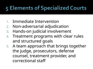 1. Immediate Intervention
2. Non-adversarial adjudication
3. Hands-on judicial involvement
4. Treatment programs with clear rules
and structured goals
5. A team approach that brings together
the judge, prosecutors, defense
counsel, treatment provider, and
correctional staff
 