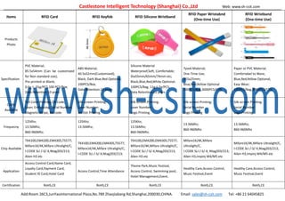 Castlestone Intelligent Technology (Shanghai) Co.,Ltd Web: www.sh-csit.com
Add:Room 26C3,JunYaoInternational Plaza,No.789 Zhaojiabang Rd,Shanghai,200030,CHINA. Email: sales@sh-csit.com Tel: +86 21 64045825
Items RFID Card RFID Keyfob RFID Silicone Wristband
RFID Paper Wristabnd
(One-time Use)
RFID Wristband
(One-time Use)
Products
Photo
Specification
PVC Material;
85.5x54mm (Can be customized
for Non standard size);
Pre-printed or Blank;
0.6g±.01g/PCS,100 PCS/Box;
Data Retention:10 years
ABS Material;
40.5x32mm(Customized);
Black, Dark Blue,Red Optional;
100PCS/Box,
Data Retention:10 years
Silicone Material
Waterproof,Soft, Comfortable;
Dia55mm/65mm/74mm etc;
Black,Blue,Red,White Optional;
100PCS/Bag, 11g±2g/PCS;
Data Retention:10 years
Tyvek Material;
One-Time Use;
255x25mm;
Blue,Red,Yellow Optional
100PCS/Bag,3000PCS/CTN
Paper or PVC Material;
Comfortabel to Ware;
Blue,Red,Yellow Optional;
Easy Wear;
100PCS/Bag,3000PCS/CTN
Crafts
Available
Full Color Printing,QR Code,
Laser, Embossing, Serial Number,
Magnetic Stripe, Barcode.
Silk-screen Printing;
Laser Number;
Jet Dot Printing.
Silk-screen Printing;
Laser Number;
Logo Printing.
Silk-screen Printing;
Serial Number
Logo Printing
Silk-screen Printing;
Serial Number
Logo Printing
Frequecny
125Khz;
13.56Mhz;
860-960Mhz.
125Khz;
13.56Mhz;
125Khz;
13.56Mhz;
860-960Mhz.
13.56Mhz;
860-960Mhz
13.56Mhz;
860-960Mhz
Chip Available
TK4100,EM4200,EM4305,T5577;
Mifare1K/4K,Mifare Ultralight/C,
I-CODE SLI /-S/-X,Ntag203/213;
Alien H3 etc
TK4100,EM4200,EM4305,T5577;
Mifare1K/4K,Mifare Ultralight/C,
I-CODE SLI /-S/-X,Ntag203/213;
TK4100,EM4200,EM4305,T5577;
Mifare1K/4K,Mifare Ultralight/C,
I-CODE SLI /-S/-X,Ntag203/213;
Alien H3 etc
Mifare1K/4K,Mifare
Ultralight/C,
I-CODE SLI /-S/-X, Ntag203/213;
Alien H3,Impinj M4/M5 etc
Mifare1K/4K,Mifare Ultralight/C,
I-CODE SLI /-S/-X,Ntag203/213;
Alien H3,Impinj M4/M5 etc
Application
Access Control Card,Name Card,
Loyalty Card,Payment Card,
Student ID Card,Hotel Card
Access Control,Time Attendance
Theme Park,Music Festival,
Access Control, Swimming pool,
Hotel Management,Event.
Healthy Care,Access Control,
Music Festival,Event
Healthy Care,Access Control,
Music Festival,Event
Certification RoHS,CE RoHS,CE RoHS,CE RoHS,CE RoHS,CE
 