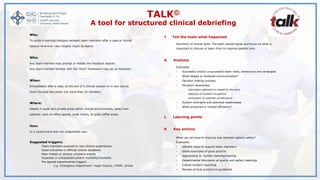 TALK©
A tool for structured clinical debriefing
Why:
To guide a learning dialogue between team members after a case or clinical
session whenever new insights might be learnt.
Who:
Any team member may prompt or initiate the feedback session.
Any team member familiar with the TALK© framework may act as facilitator.
When:
Immediately after a case, at the end of a clinical session or in due course.
Short focused discussion (no more than 10 minutes).
Where:
Ideally in quiet and private areas within clinical environments, away from
patients, such as office spaces, quiet rooms, or quiet coffee areas.
How:
In a constructive and non-judgmental way.
Suggested triggers:
Team members exposed to new clinical experiences
Good outcomes in difficult clinical situations
Near misses or serious untoward events
Expected or unexpected patient morbidity/mortality
Pre agreed departmental triggers
e.g. Emergency Department: major trauma, STEMI, stroke
T Tell the team what happened
Summary of clinical facts. The team should agree and focus on what is
important to discuss or learn from to improve patient care.
A Analysis
Examples:
 Successful and/or unsuccessful team roles, behaviours and strategies
 What helped or hindered communication?
 Decision making process
 Situation awareness:
information gathered or missed by the team
adequacy of problem recognition
anticipation of potential complications.
 System strengths and potential weaknesses
 What enhanced or limited efficiency?
L Learning points
K Key actions
What can be done to improve and maintain patient safety?
Examples:
 Identify ways to support team members
 Share examples of good practice
 Signposting to further learning/training
 Departmental discussion at quality and safety meetings
 Critical incident reporting
 Review of local protocol or guidelines
 