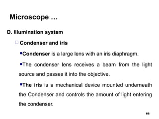 Microscope …
D. Illumination system
 Condenser and iris
Condenser is a large lens with an iris diaphragm.
The condenser lens receives a beam from the light
source and passes it into the objective.
The iris is a mechanical device mounted underneath
the Condenser and controls the amount of light entering
the condenser.
66
 