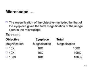 Microscope …
 The magnification of the objective multiplied by that of
the eyepiece gives the total magnification of the image
seen in the microscope
Example:
Objective Eyepiece Total
Magnification Magnification Magnification
 10X 10X 100X
 40X 10X 400X
 100X 10X 1000X
74
 