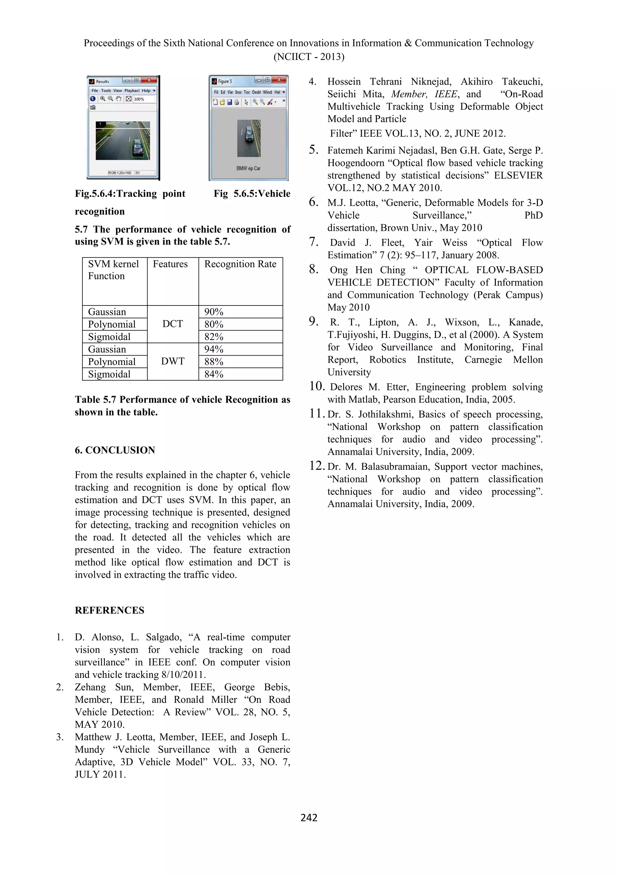 Proceedings of the Sixth National Conference on Innovations in Information & Communication Technology
(NCIICT - 2013)
242
Fig.5.6.4:Tracking point Fig 5.6.5:Vehicle
recognition
5.7 The performance of vehicle recognition of
using SVM is given in the table 5.7.
SVM kernel
Function
Features Recognition Rate
Gaussian
DCT
90%
Polynomial 80%
Sigmoidal 82%
Gaussian
DWT
94%
Polynomial 88%
Sigmoidal 84%
Table 5.7 Performance of vehicle Recognition as
shown in the table.
6. CONCLUSION
From the results explained in the chapter 6, vehicle
tracking and recognition is done by optical flow
estimation and DCT uses SVM. In this paper, an
image processing technique is presented, designed
for detecting, tracking and recognition vehicles on
the road. It detected all the vehicles which are
presented in the video. The feature extraction
method like optical flow estimation and DCT is
involved in extracting the traffic video.
REFERENCES
1. D. Alonso, L. Salgado, “A real-time computer
vision system for vehicle tracking on road
surveillance” in IEEE conf. On computer vision
and vehicle tracking 8/10/2011.
2. Zehang Sun, Member, IEEE, George Bebis,
Member, IEEE, and Ronald Miller “On Road
Vehicle Detection: A Review” VOL. 28, NO. 5,
MAY 2010.
3. Matthew J. Leotta, Member, IEEE, and Joseph L.
Mundy “Vehicle Surveillance with a Generic
Adaptive, 3D Vehicle Model” VOL. 33, NO. 7,
JULY 2011.
4. Hossein Tehrani Niknejad, Akihiro Takeuchi,
Seiichi Mita, Member, IEEE, and “On-Road
Multivehicle Tracking Using Deformable Object
Model and Particle
Filter” IEEE VOL.13, NO. 2, JUNE 2012.
5. Fatemeh Karimi Nejadasl, Ben G.H. Gate, Serge P.
Hoogendoorn “Optical flow based vehicle tracking
strengthened by statistical decisions” ELSEVIER
VOL.12, NO.2 MAY 2010.
6. M.J. Leotta, “Generic, Deformable Models for 3-D
Vehicle Surveillance,” PhD
dissertation, Brown Univ., May 2010
7. David J. Fleet, Yair Weiss “Optical Flow
Estimation” 7 (2): 95–117, January 2008.
8. Ong Hen Ching “ OPTICAL FLOW-BASED
VEHICLE DETECTION” Faculty of Information
and Communication Technology (Perak Campus)
May 2010
9. R. T., Lipton, A. J., Wixson, L., Kanade,
T.Fujiyoshi, H. Duggins, D., et al (2000). A System
for Video Surveillance and Monitoring, Final
Report, Robotics Institute, Carnegie Mellon
University
10. Delores M. Etter, Engineering problem solving
with Matlab, Pearson Education, India, 2005.
11.Dr. S. Jothilakshmi, Basics of speech processing,
“National Workshop on pattern classification
techniques for audio and video processing”.
Annamalai University, India, 2009.
12.Dr. M. Balasubramaian, Support vector machines,
“National Workshop on pattern classification
techniques for audio and video processing”.
Annamalai University, India, 2009.
 