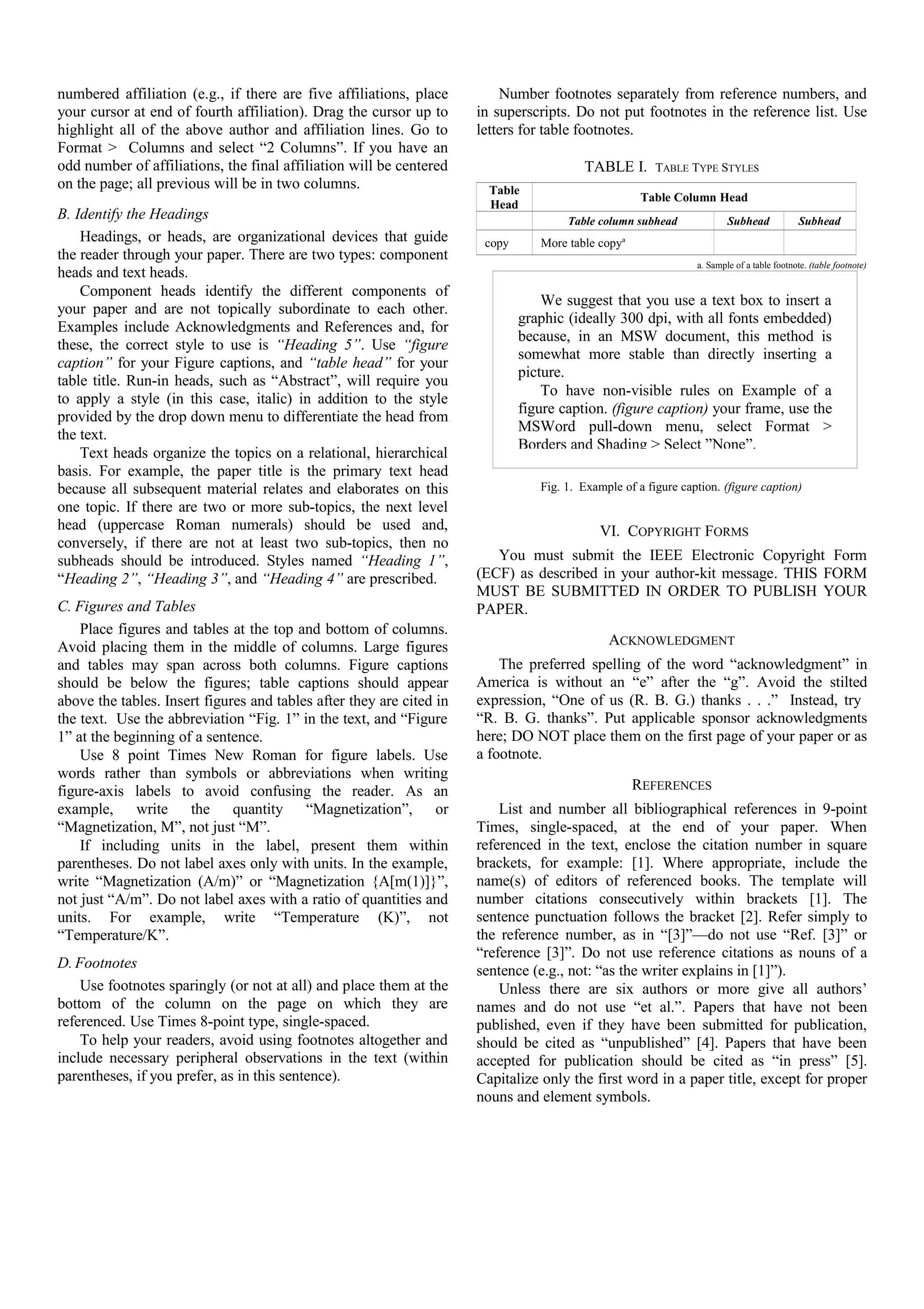 numbered affiliation (e.g., if there are five affiliations, place
your cursor at end of fourth affiliation). Drag the cursor up to
highlight all of the above author and affiliation lines. Go to
Format > Columns and select “2 Columns”. If you have an
odd number of affiliations, the final affiliation will be centered
on the page; all previous will be in two columns.
B. Identify the Headings
Headings, or heads, are organizational devices that guide
the reader through your paper. There are two types: component
heads and text heads.
Component heads identify the different components of
your paper and are not topically subordinate to each other.
Examples include Acknowledgments and References and, for
these, the correct style to use is “Heading 5”. Use “figure
caption” for your Figure captions, and “table head” for your
table title. Run-in heads, such as “Abstract”, will require you
to apply a style (in this case, italic) in addition to the style
provided by the drop down menu to differentiate the head from
the text.
Text heads organize the topics on a relational, hierarchical
basis. For example, the paper title is the primary text head
because all subsequent material relates and elaborates on this
one topic. If there are two or more sub-topics, the next level
head (uppercase Roman numerals) should be used and,
conversely, if there are not at least two sub-topics, then no
subheads should be introduced. Styles named “Heading 1”,
“Heading 2”, “Heading 3”, and “Heading 4” are prescribed.
C. Figures and Tables
Place figures and tables at the top and bottom of columns.
Avoid placing them in the middle of columns. Large figures
and tables may span across both columns. Figure captions
should be below the figures; table captions should appear
above the tables. Insert figures and tables after they are cited in
the text. Use the abbreviation “Fig. 1” in the text, and “Figure
1” at the beginning of a sentence.
Use 8 point Times New Roman for figure labels. Use
words rather than symbols or abbreviations when writing
figure-axis labels to avoid confusing the reader. As an
example, write the quantity “Magnetization”, or
“Magnetization, M”, not just “M”.
If including units in the label, present them within
parentheses. Do not label axes only with units. In the example,
write “Magnetization (A/m)” or “Magnetization {A[m(1)]}”,
not just “A/m”. Do not label axes with a ratio of quantities and
units. For example, write “Temperature (K)”, not
“Temperature/K”.
D. Footnotes
Use footnotes sparingly (or not at all) and place them at the
bottom of the column on the page on which they are
referenced. Use Times 8-point type, single-spaced.
To help your readers, avoid using footnotes altogether and
include necessary peripheral observations in the text (within
parentheses, if you prefer, as in this sentence).

Number footnotes separately from reference numbers, and
in superscripts. Do not put footnotes in the reference list. Use
letters for table footnotes.
TABLE I.
Table
Head

TABLE TYPE STYLES

Table Column Head
Table column subhead

copy

Subhead

Subhead

More table copya
a. Sample of a table footnote. (table footnote)

We suggest that you use a text box to insert a
graphic (ideally 300 dpi, with all fonts embedded)
because, in an MSW document, this method is
somewhat more stable than directly inserting a
picture.
To have non-visible rules on Example of a
figure caption. (figure caption) your frame, use the
MSWord pull-down menu, select Format >
Borders and Shading > Select ”None”.
Fig. 1. Example of a figure caption. (figure caption)

VI. COPYRIGHT FORMS
You must submit the IEEE Electronic Copyright Form
(ECF) as described in your author-kit message. THIS FORM
MUST BE SUBMITTED IN ORDER TO PUBLISH YOUR
PAPER.
ACKNOWLEDGMENT
The preferred spelling of the word “acknowledgment” in
America is without an “e” after the “g”. Avoid the stilted
expression, “One of us (R. B. G.) thanks . . .” Instead, try
“R. B. G. thanks”. Put applicable sponsor acknowledgments
here; DO NOT place them on the first page of your paper or as
a footnote.
REFERENCES
List and number all bibliographical references in 9-point
Times, single-spaced, at the end of your paper. When
referenced in the text, enclose the citation number in square
brackets, for example: [1]. Where appropriate, include the
name(s) of editors of referenced books. The template will
number citations consecutively within brackets [1]. The
sentence punctuation follows the bracket [2]. Refer simply to
the reference number, as in “[3]”—do not use “Ref. [3]” or
“reference [3]”. Do not use reference citations as nouns of a
sentence (e.g., not: “as the writer explains in [1]”).
Unless there are six authors or more give all authors’
names and do not use “et al.”. Papers that have not been
published, even if they have been submitted for publication,
should be cited as “unpublished” [4]. Papers that have been
accepted for publication should be cited as “in press” [5].
Capitalize only the first word in a paper title, except for proper
nouns and element symbols.

 