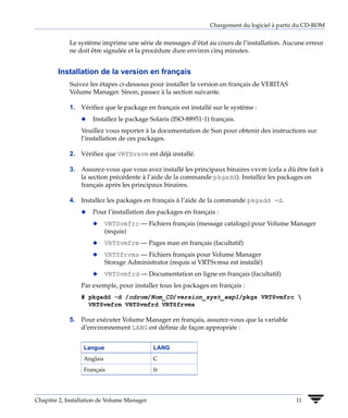 Chargement du logiciel à partir du CD-ROM


             Le système imprime une série de messages d’état au cours de l’installation. Aucune erreur
             ne doit être signalée et la procédure dure environ cinq minutes.


        Installation de la version en français
             Suivez les étapes ci-dessous pour installer la version en français de VERITAS
             Volume Manager. Sinon, passez à la section suivante.

             1. Vérifiez que le package en français est installé sur le système :
                 x   Installez le package Solaris (ISO-88951-1) français.
                 Veuillez vous reporter à la documentation de Sun pour obtenir des instructions sur
                 l’installation de ces packages.

             2. Vérifiez que VRTSvxvm est déjà installé.

             3. Assurez-vous que vous avez installé les principaux binaires vxvm (cela a dû être fait à
                la section précédente à l’aide de la commande pkgadd). Installez les packages en
                français après les principaux binaires.

             4. Installez les packages en français à l’aide de la commande pkgadd -d.
                 x   Pour l’installation des packages en français :
                     x      VRTSvmfrc — Fichiers français (message catalogs) pour Volume Manager
                            (requis)
                     x      VRTSvmfrm — Pages man en français (facultatif)
                     x      VRTSfrvms — Fichiers français pour Volume Manager
                            Storage Administrator (requis si VRTSvmsa est installé)
                     x      VRTSvmfrd — Documentation en ligne en français (facultatif)
                 Par exemple, pour installer tous les packages en français :
                 # pkgadd -d /cdrom/Nom_CD/version_syst_expl/pkgs VRTSvmfrc 
                   VRTSvmfrm VRTSvmfrd VRTSfrvms

             5. Pour exécuter Volume Manager en français, assurez-vous que la variable
                d’environnement LANG est définie de façon appropriée :


                  Langue                     LANG
                  Anglais                    C
                  Français                   fr




Chapitre 2, Installation de Volume Manager                                                    11
 