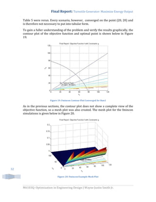 Final Report: Turnstile Generator: Maximize Energy Output
M6103Q: Optimization in Engineering Design | Wayne Justin Smith Jr.
32
Table 5 were rerun. Every scenario, however, converged on the point (20, 20) and
is therefore not necessary to put into tabular form.
To gain a fuller understanding of the problem and verify the results graphically, the
contour plot of the objective function and optimal point is shown below in Figure
19.
Figure 19: Fmincon Contour Plot Converged for Run1
As in the previous sections, the contour plot does not show a complete view of the
objective function, so a mesh plot was also created. The mesh plot for the fmincon
simulations is given below in Figure 20.
Figure 20: Fmincon Example Mesh Plot
 