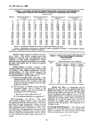 LL. ._ ._ _ _ .-. .-
IS : 875 ( Part 3 ) - 1987
HEIGHT
m
(1)
IO
:o”
30
50
100
150
200
250
300
350
400
459
500
TABLE 2 k, FACTORS TO OBTAIN DESIGN WIND SPEED VARIATION WITH HEIGHT IN
DIFFERENT TERRAINS FOR DIFFERENT CLASSES OF BUILDINGS/STRUCTURES
( ClaUJC5.3.2.2 )
TEBRAIN CATEQORY1
CLASS
I---_*--1
A B c
(2) (5) (4)
1’05 1’03 0.99
1.09 1’07 1’03
1’12 1.10 1’06
1’15 1’13 1’09
1-20 1’18 1’14
1’26 1’24 1’20
1’30 1.28 1’24
1’32 1’30 1’26
1’34 1’32 1’28
1’35 1’34 1’30
1’37 1’35 1’31
1’38 1’36 1.32
1’39 1’37 1’33
1’40 1.38 1’34
TERRAIN CATEC+ORY2
CLbSS
r---_h-_--~
A B c
(5) (6) (7)
1’00 0.98 0.93
1’05 1’02 0.97
1.07 1’05
1’12 1’10 ::z
1’17 1’15 1’10
1’24 1’22 1.17
1’28 1.25 1.21
1’30 1’28 1’24
1’32 1’31 1’26
1.34 1 32 1.28
1’36 1’34 1’29
1’37 1’35 1’30
1’38 1’36 1’31
1’39 1’37 1’32
TEERAIN CATEQO~Y3
CLASS
c--_-~--_-~
A B c
(8) (9) (10)
0’91 0’88 0’82
0’97 0% 0’87
1’01
:%
0’91
1’06 * 0’96
1’12 1’09 1.02
1’20 1’17 1’10
1’24 1’21 1’15
1’27 1.24 1’18
x
1’26 1’20
1.28 1’22
1’32 1’30 1’24
1’34 1’31 1.25
1’35 1’32 1’26
1~36 1’33 1.28
NOTE 1 - Se65.3.2.2 for definitions of Class A, Class B and Class C structures.
NOTE 2 - Intermediate values may be obtained
constant wind speed between 2 heights for simplicity.
by linear interpolation, if desired,
TEP.BAIN CATECJORP4
CLASS
t-_-*---~
A B c
(11) (12) (131
0.80 0.76 0’67
0.80 0’76 0.67
0.80 0’76 0’67
O’Y7 0’93 0’83
1’10 1’05 0’95
1’20 1’15 1’05
1’24 1’20 1.10
1’27 1’22 1’13
1’28 1.24 1’16
1’30 1’26 I.17
1.31 1.27 1’19
1.32 1.28 1’20
1.33 1’29 1’21
1’34 1.30 1’22
It is permissible to assume
5.3.2.3 Terrain categories in relation to the direc-
tion of wind - The terrain category used in the
design of a structure may vary depending on the
direction of wind under consideration. Where
sufficient meteorological information is available,
the basic wind speed may be varied for specific
wind direcion.
5.3.2.4 Changes in terrain categories - The
velocity profile for a given terrain category does
not develop to full height immediately with the
commencement of that terrain category but
develop gradually to height ( h, ) which increa-
ses with the fetch or upwind distance (x).
a) Fetch and develobed height relationship - The
relation between the developed height (h,)
and the fetch (x) for wind-flow over each
of the four terrain categories may be taken
as given in Table 3.
b) For structures of heights greater than the
developed height (h,) in Table 3, the
velocity profile may be determined in
accordance with the following:
i) The les3 or least rough terrain, or
ii) The method described in Appendix B.
5.3.3 Tojography ( ks Factor ) - The basic
wind speed Vb given in Fig. 1 takes account of
the general level of site above sea level. This does
not allow for local topographic features such as
hills, valleys, cliffs, escarpments, or ridges which
can significantly affect wind speed in their vici-
nity. The effect of topography is to accelerate wind
near the summits of hills or crests‘of cliffs, escarp-
ments or ridges and decelerate the wind in valleys
or near the foot of cli%, steep escarpments, or
ridges.
12
TABLE 3 FETCH AND DEVELOPED HEIGHT
RELATIONSHIP
( C1UUS65.3.2.4 )
FE?: (x)
DEVELOPEDHEIGHT, hx IN METRES
,--__--h_
Terrain Terrain Terrain
----y
Category
Terrain
1 Category 2 Category 3 Category 4
(1) (2) (3) (4) (5)
0’2 12 20 35 60
0’5 20 30 35 9.5
1 25 45 80 130
2 35 65 110 190
5 60 100 170 300
10 80 140 25C 450
20 120 200 350 500
50 180 300 400 500
5.3.3.1 The effect of topography will be
significzt at a site when the upwind slope (6) is
greater than about 3”, and below that, the value
of ks may be taken to be equal to 1-O. The value
of ks is confined in the range of 1-O to 1.36 for
slopes greater than 3”. A method of evaluating the
value of ks for values greater than 1.0 is given in
Appendix C. It may be noted that the value of
ks varies with height above ground level, at a
maximum near the ground, and reducing to 1.0
at higher levels.
5.4 Design Wind Pressure - The design wind
pressure at any height above mean ground level
shall be obtained by the following relationship
between wind pressure and wind velocity:
pz = 0.6 r-i
 