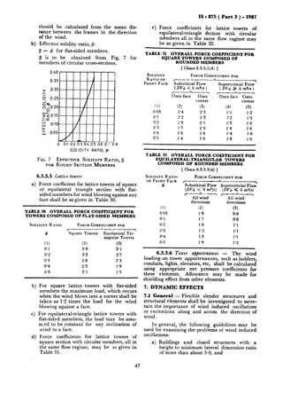 b)
should be calculated from the mean dis-
tance between the frames in the direction
of the wind.
Effective solidity ratio, p:
p = CJ for flat-sided members.
@ is to be obtained from Fig. 7 for
members of circular cross-sections.
0 0.1O-2 0.304 05 06 0 7 0 8
SOLIDITY RATIO.9
FIG..~ EFFECTIVE SOLIDITY RATIO, p
FOR ROUND SECTION MEMBERS
6.3.3.5 Lattice towers
a) Force coefficient for lattice towers of square
or equilateral triangle section with flat-
sided members for wind blowing against any
face shall be as given in Table 30.
TABLE 30 OVERALL FORCE COEFFICIENT FOR
TOWERS COMPOSED OF FLAT-SIDED MEMBERS
SOLIDITY RATIO FORGE COEEFICIENT BOR
cm-_-_-.“-- s-s-7
4 Square Towers Equilateral Tri-
angular Towers
(1) (2) (3)
0.1 3’8 3.1
0’2 3.3 2’7
0.3 2.8 2.3
0.4 2’3 1’9
0’5 2’1 1’5
b)
4
4
For square lattice towers with flat-sided
members the maximum load, which occurs
when the wind blows into a corner shall be
taken as 1.2 times the load for the wind
blowing against a face.
For equilateral-triangle lattice towers with
flat-sided members, the load may be assu-
m ed to be constant for any inclination of
wind to a face.
Force coefficients for lattice towers of
square section with circular members, all in
the same flow regime, may be as given in
Table 31.
IS t 875 ( Part 3 ) - 1987
Force coefficients for lattice towers of
equilateral-triangle s’ection with circular
members all in the same flow ragime may
be as given in Table 32.
TABLE 31 OVERALL FORCE COEFFICIENT FOR
SQUARE TOWERS COMPOSED OF
ROUNDED MEMBERS
[ Clause 6.3.3.5(d) ]
SOLIDITY
RATIO OF
FORCE COEFFICIENT FOR
r-----------
FRONT FACE Subcritical Flow
h-- _____ --~
(Dvd < 6 mr/s)
Supercritical Flow
( DVd 2 6 d/s 1
r-__*_-_y r---h
Onto face
--7
Onto Onto face Onto
corner corner
(1) (2) (3) (4) ,(5)
0’05 2’4 2.5 1’1 1’2
0’1 2’2 2’3 1’2 1’3
0’2 1’9 2.1 1’3 1’6
0’3 1’7 1’S 1’4 1’6
0’4 1’6 1’9 1.4 1.6
0.5 1’4 1’9 1’4 1’6
TABLE’ 32 OVERALL FORCE COEFFICIENT FOR
EQUILATERAL-TRIANGULAR TOWERS
COMPOSED OF ROUNDED MEMBERS
[ Clause6.3.3.5(e) ]
SOLIDITY RATIO FORCE COEFFICIENT FOB
OF FRONT FACE I----- ----
s+
--_-_--_-~
Subcritical Flow Supercritcial Flow
(Dvd < 6 m*/s) (Dvd < 6 ms/s)
c__-*-‘_~ r-__A-__y
All wind All wind
directions directions
(1) !2) (3)
0’05 1’8 0.8
0’1 l-7 0.8
0.2 1’6 1’1
0’3 1’5 1’1
0’4 1.5 1’1
0’5 1’4 1’2
6.3.3.6 Tower a@rtenanccs - The wind
loading on tower appurtenances, such as ladders,
conduits, lights, elevators, etc, shall be calculated
using appropriate net pressure coefficients for
these elements. Allowance may be made for
shielding effect from other elements.
7. DYNAMIC EFFECTS
7.1 General - Flexible slender structures and
structural elements shall be investigated to ascer-
tain the importance of wind induized oscillations
or excitations along and across the direction of
wind.
In general, the following guidelines may be
‘used for examining the problems of wind induced
oscillations:
a) Buildings and closed structures with a
height to minimum lateral dimension ratio
of more than about 5.0. and
47
 