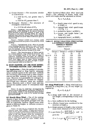 IS : 875 ( Part 3 ) - 1987
8.2.1 Variation of Hourb Mean Wind Speed with
Height - The variation of hourly mean wind
speed with height shall cbe calculated as follows:
Vz = Vb h ha ks
where
P, = hourly mean wind speed in m/s,
at height e;
vb = regional basic wind speed in m/s
(see Fig. 1 );
kl = probability factor ( see5.3.1 );
& = terrain and height factor ( see
Table 33 ); and
A-s- topography factor ( see 5.3.3 ).
a) Circular Structures - For structures circular
in cross-section:
S = 0.20 for bV’, not greater than 7,
and
= 0.25 for bV, greater than 7.
b) Rectangular Structures - For structures of
rectangular cross-section:
S = O-15 for all values of b V,.
NOTE 1 - Significant cross wind motions may be
produced by vortex shedding if the natural frequency
of the structure or structural element is equal to the
frequency of the vortex shedding within the range of
expected wind velocities. In such cases, further analysis
should be carried out on the basis of references given in
Note 8 of 7.1.
NOTE 2 - Unlined welded steel chimney stacks
and similar structures are prone to excitation by vortex
shedding.
NOTE 3 - Intensification of the effects of periodic
vortex shedding has been reported in cases where two
or more similar structures are located in close proxi-
mity. for example, at less than 20 b apart, where b is
the dimension of the structure normal to the wind.
NOTE 4 - The formulae given in 7.2.1(a) and (b)
are valid for infinitely long cylindrical structures. The
value of Sdecreases slowly as the ratio of length to
maximum transverse width decreases; the reduction
being up to about half the value, if the structure is only
three times higher than its width. Vortex shedding
need not be considered if the ratio of length to maxi-
mum transverse width is less than 2’0.
8. GUST FACTOR ( GF ) OR GUST EFFEC-
TIVENESS FACTOR ( GEF ) METHOD
8.1 Application - Only the method of calculat-
ing load along wind or drag load by using gust
factor method is given in the code since methods
for calculating load across-wind or other compon-
ents are not fully matured for all types of struc-
tures. However, it is permissible for a designer to
use gust factor method to calculate all compon-
ents of load on a structure using any available
theory. However, such a theory must take into
account the random nature of atmospheric wind
speed.
NOTE - It may be noted that investigations for
various types of wind induced oscillations outlined in 7
are in no way related to tRe use of gust factor method
given in 8 although the study of 7 is needed for using
gust factor method.
8.2 Hourly Mean Wind - Use of the existing
theories of gust factor method require a knowl-
edge of maximum wind speeds averaged over one
hour at a particular location. Hourly mean wind
speeds at different heights in different terrains is
given in Table 33.
NOTE - It must also be recognized that the ratio
of hourly mean wind [ HMW ) to peak speed given in
Table 33 may not be obtainable in India since extreme
wind occurs mainly due to cyclones and thunderstorms,
unlike in UK and Canada where the mechanism is
fully developed pressure system. However Table 33
may be followed at present for the estimation of the
hourly mean wind speed till more reliable values
become available.
TABLE 33 HOURLY MEAN WIND SPEED FACTOR
Xs IN DIFFERENT TERRAINS FOR
DIFFERENT HEIGHTS
( Cluuses8.2 and 8.2.1 )
HEIQ~T T~RRA.IN
m r--------- - ----- ---7
Category 1 Category 2 Category 3 Category 4
(1) (4 (3)
up to 10 0’78 0’67
15 0.82 O-72
20 0’85 0’75
30 0’88 0’79
50 0.93 0’85
100 0’99 0.92
150 1’03 0’96
200 1.06 1’00
250 l-08 1.02
300 1’09 1.04
350 1’11 1’06
400 1’12 1.07
450 1.13 1’08
500 1’14 1’09
(4) (5)
0’50 0’24
0’55 0.24
0’59 0’24
0’64 0’34
0’70 0’45
0.79 0.57
0.81 0’64
0.88 0.68
0.91 0.72
0’93 o-74
0’95 0’77
0’97 0’79
0.98 081
o-99 0.82
8.3 Along Wind Load - Along wind load on a
structure on a strip area ( A, ) at any height (2)
is given by:
F - Ci A, j& Gz-
where
F, = along wind load on the structure at
any height z corresponding to strip area
&
Ct = force coefficient for the building,
A e = effective frontal area considered for the
structure at height c,
Pz = design pressure at height z due to hourly
mean wind obtained as 0.6 vzs ( N/ma ),
G , and is
given by:
G= 1 +gfr B (l+b)” + ‘$1
49
 