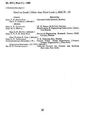 IS : 875 CPart 5 ) - 1987
Panel on Loads ( Other than Wind Loads ), BDC 37 : P3
Convener Repesenting
SHRI T.N. SUBBARAO Gammon India Limited, Bombay
DR S. V. LONKAR ( Altcrnafr )
Members
SHRIS. R. E(ULEARN1
SHRI M. L. MEH~A
M. N. Dastur 6 Co Ltd, Calcutta
Metallurgical & Engineering Consultants ( India )
Ltd, Ranchi
SHRI S. K. DATTA ( Alternate )
SHRI T. V. S. R. APP~ RAO Structural Engineering Research Centre, CSIR
Campus, Madras
SHRI NAGESH R. DYER (Ahmfe )
SARI C. N. SRINIVASAN C. R. Narayana Rao, Madras
SUPERINTENDIXQEXQINEER ( D ) Central Public Works Department ( Central
Designs Organization ), New Delhi
EXECUTIVE ENGINEER ( D ) VII ( AIternuta)
DR H. C. VISVESVARAYA National Council for Cement and Building
Materials, New Delhi
 