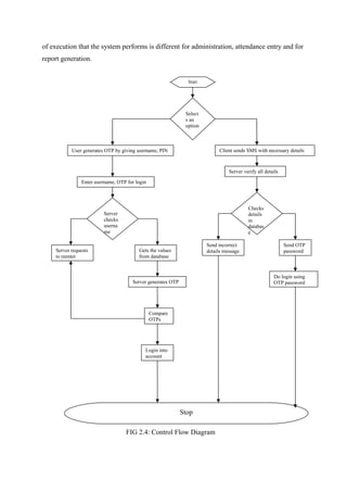 of execution that the system performs is different for administration, attendance entry and for
report generation.
FIG 2.4: Control Flow Diagram
Stop
Select
s an
option
Start
Enter username, OTP for login
User generates OTP by giving username, PIN
Server requests
to reenter
Gets the values
from database
Server generates OTP
Server
checks
userna
me
Compare
OTPs
Login into
account
Client sends SMS with necessary details
Server verify all details
Checks
details
in
databas
e
Send incorrect
details message
Send OTP
password
Do login using
OTP password
 