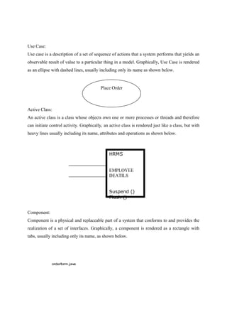 Use Case:
Use case is a description of a set of sequence of actions that a system performs that yields an
observable result of value to a particular thing in a model. Graphically, Use Case is rendered
as an ellipse with dashed lines, usually including only its name as shown below.
Active Class:
An active class is a class whose objects own one or more processes or threads and therefore
can initiate control activity. Graphically, an active class is rendered just like a class, but with
heavy lines usually including its name, attributes and operations as shown below.
Component:
Component is a physical and replaceable part of a system that conforms to and provides the
realization of a set of interfaces. Graphically, a component is rendered as a rectangle with
tabs, usually including only its name, as shown below.
orderform.java
Place Order
HRMS
EMPLOYEE
DEATILS
Suspend ()
Flush ()
 