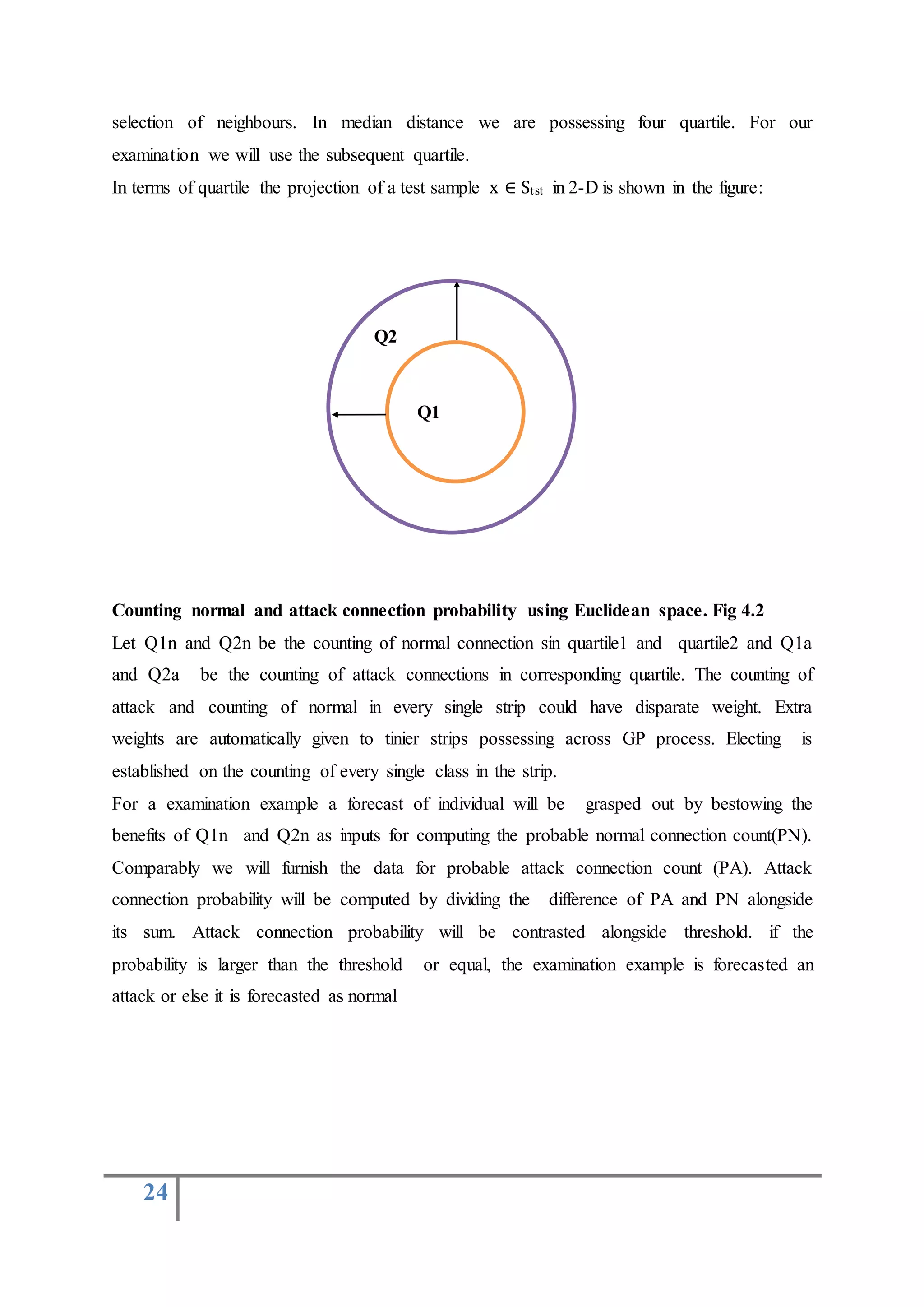 24
selection of neighbours. In median distance we are possessing four quartile. For our
examination we will use the subsequent quartile.
In terms of quartile the projection of a test sample x ∈ Stst in 2-D is shown in the figure:
Counting normal and attack connection probability using Euclidean space. Fig 4.2
Let Q1n and Q2n be the counting of normal connection sin quartile1 and quartile2 and Q1a
and Q2a be the counting of attack connections in corresponding quartile. The counting of
attack and counting of normal in every single strip could have disparate weight. Extra
weights are automatically given to tinier strips possessing across GP process. Electing is
established on the counting of every single class in the strip.
For a examination example a forecast of individual will be grasped out by bestowing the
benefits of Q1n and Q2n as inputs for computing the probable normal connection count(PN).
Comparably we will furnish the data for probable attack connection count (PA). Attack
connection probability will be computed by dividing the difference of PA and PN alongside
its sum. Attack connection probability will be contrasted alongside threshold. if the
probability is larger than the threshold or equal, the examination example is forecasted an
attack or else it is forecasted as normal
Q2
Q1
 