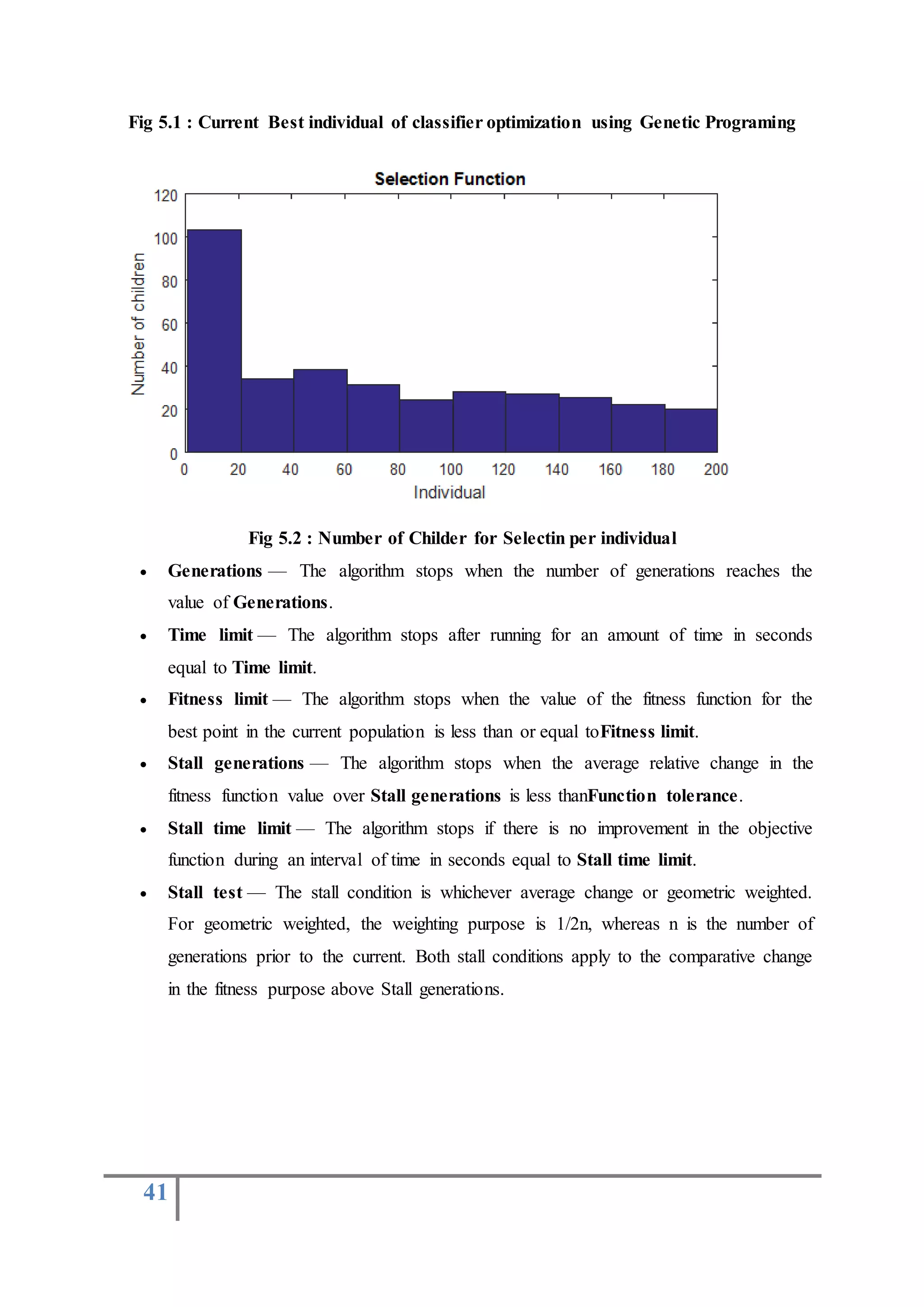41
Fig 5.1 : Current Best individual of classifier optimization using Genetic Programing
Fig 5.2 : Number of Childer for Selectin per individual
 Generations — The algorithm stops when the number of generations reaches the
value of Generations.
 Time limit — The algorithm stops after running for an amount of time in seconds
equal to Time limit.
 Fitness limit — The algorithm stops when the value of the fitness function for the
best point in the current population is less than or equal toFitness limit.
 Stall generations — The algorithm stops when the average relative change in the
fitness function value over Stall generations is less thanFunction tolerance.
 Stall time limit — The algorithm stops if there is no improvement in the objective
function during an interval of time in seconds equal to Stall time limit.
 Stall test — The stall condition is whichever average change or geometric weighted.
For geometric weighted, the weighting purpose is 1/2n, whereas n is the number of
generations prior to the current. Both stall conditions apply to the comparative change
in the fitness purpose above Stall generations.
 