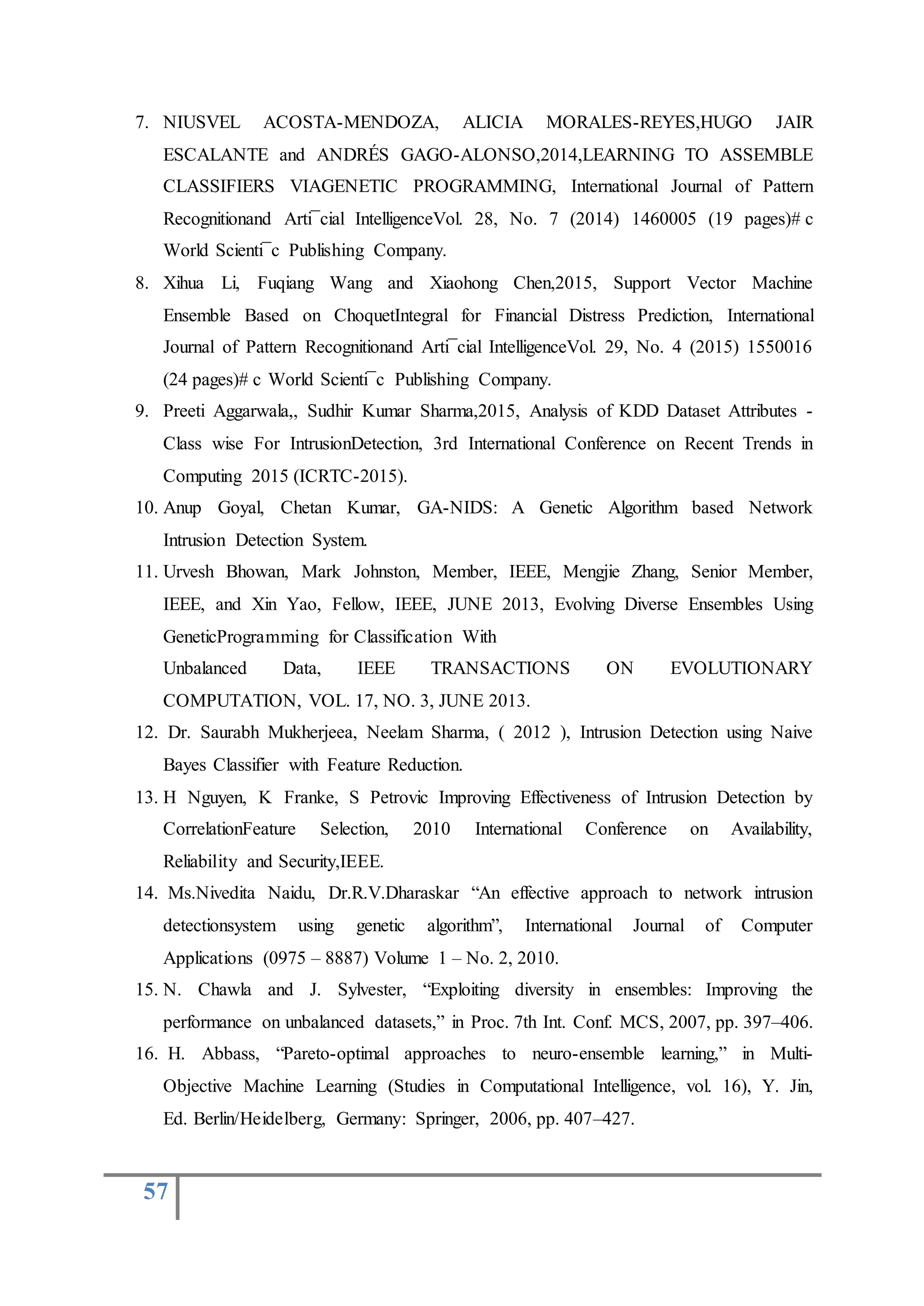 57
7. NIUSVEL ACOSTA-MENDOZA, ALICIA MORALES-REYES,HUGO JAIR
ESCALANTE and ANDRÉS GAGO-ALONSO,2014,LEARNING TO ASSEMBLE
CLASSIFIERS VIAGENETIC PROGRAMMING, International Journal of Pattern
Recognitionand Arti¯cial IntelligenceVol. 28, No. 7 (2014) 1460005 (19 pages)#.c
World Scienti¯c Publishing Company.
8. Xihua Li, Fuqiang Wang and Xiaohong Chen,2015, Support Vector Machine
Ensemble Based on ChoquetIntegral for Financial Distress Prediction, International
Journal of Pattern Recognitionand Arti¯cial IntelligenceVol. 29, No. 4 (2015) 1550016
(24 pages)#.c World Scienti¯c Publishing Company.
9. Preeti Aggarwala,, Sudhir Kumar Sharma,2015, Analysis of KDD Dataset Attributes -
Class wise For IntrusionDetection, 3rd International Conference on Recent Trends in
Computing 2015 (ICRTC-2015).
10. Anup Goyal, Chetan Kumar, GA-NIDS: A Genetic Algorithm based Network
Intrusion Detection System.
11. Urvesh Bhowan, Mark Johnston, Member, IEEE, Mengjie Zhang, Senior Member,
IEEE, and Xin Yao, Fellow, IEEE, JUNE 2013, Evolving Diverse Ensembles Using
GeneticProgramming for Classification With
Unbalanced Data, IEEE TRANSACTIONS ON EVOLUTIONARY
COMPUTATION, VOL. 17, NO. 3, JUNE 2013.
12. Dr. Saurabh Mukherjeea, Neelam Sharma, ( 2012 ), Intrusion Detection using Naive
Bayes Classifier with Feature Reduction.
13. H Nguyen, K Franke, S Petrovic Improving Effectiveness of Intrusion Detection by
CorrelationFeature Selection, 2010 International Conference on Availability,
Reliability and Security,IEEE.
14. Ms.Nivedita Naidu, Dr.R.V.Dharaskar “An effective approach to network intrusion
detectionsystem using genetic algorithm”, International Journal of Computer
Applications (0975 – 8887) Volume 1 – No. 2, 2010.
15. N. Chawla and J. Sylvester, “Exploiting diversity in ensembles: Improving the
performance on unbalanced datasets,” in Proc. 7th Int. Conf. MCS, 2007, pp. 397–406.
16. H. Abbass, “Pareto-optimal approaches to neuro-ensemble learning,” in Multi-
Objective Machine Learning (Studies in Computational Intelligence, vol. 16), Y. Jin,
Ed. Berlin/Heidelberg, Germany: Springer, 2006, pp. 407–427.
 