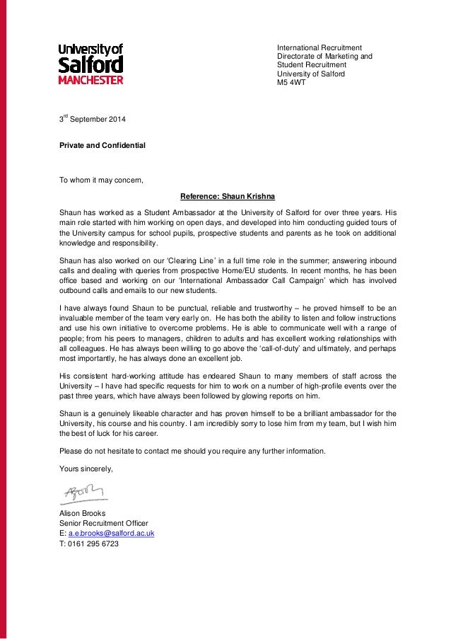 ambassador recommendation letter from