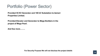 Portfolio (Power Sector)
18
Provided 55 KV Generator and 100 kV Substation to Azmeri
Properties Limited.
Provided Elevator...