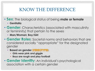 KNOW THE DIFFERENCE
• : The biological status of being male or female
• Genitalia
• : Characteristics (associated with masculinity
or femininity) that pertain to the sexes
• Man/Woman; Boy/Girl
• : Societal norms and behaviors that are
considered socially “appropriate” for the designated
gender
• Based on gender :
• Girls wear pink and giggle
• Boys are rough and play football
• : An individual’s psychological
association with a certain gender
 