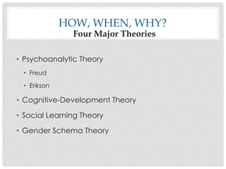 HOW, WHEN, WHY?
Four Major Theories
• Psychoanalytic Theory
• Freud
• Erikson
• Cognitive-Development Theory
• Social Learning Theory
• Gender Schema Theory
 