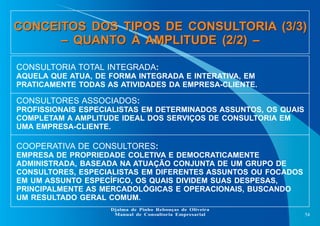 CONCEITOS DOS TIPOS DE CONSULTORIA (3/3)
– QUANTO À AMPLITUDE (2/2) –
CONCEITOS DOS TIPOS DE CONSULTORIA (3/3)
– QUANTO À ...
