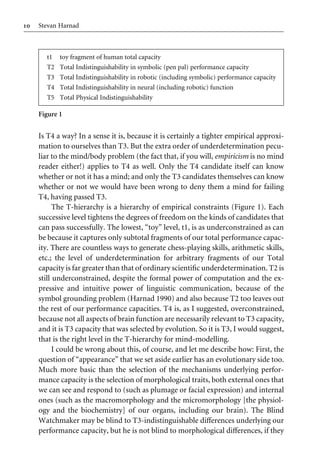 10 Stevan Harnad
t1 toy fragment of human total capacity
T2 Total Indistinguishability in symbolic (pen pal) performance capacity
T3 Total Indistinguishability in robotic (including symbolic) performance capacity
T4 Total Indistinguishability in neural (including robotic) function
T5 Total Physical Indistinguishability
Figure 1
Is T4 a way? In a sense it is, because it is certainly a tighter empirical approxi-
mation to ourselves than T3. But the extra order of underdetermination pecu-
liar to the mind/body problem (the fact that, if you will, empiricism is no mind
reader either!) applies to T4 as well. Only the T4 candidate itself can know
whether or not it has a mind; and only the T3 candidates themselves can know
whether or not we would have been wrong to deny them a mind for failing
T4, having passed T3.
The T-hierarchy is a hierarchy of empirical constraints (Figure 1). Each
successive level tightens the degrees of freedom on the kinds of candidates that
can pass successfully. The lowest, “toy” level, t1, is as underconstrained as can
be because it captures only subtotal fragments of our total performance capac-
ity. There are countless ways to generate chess-playing skills, arithmetic skills,
etc.; the level of underdetermination for arbitrary fragments of our Total
capacity is far greater than that of ordinary scientiWc underdetermination. T2 is
still underconstrained, despite the formal power of computation and the ex-
pressive and intuitive power of linguistic communication, because of the
symbol grounding problem (Harnad 1990) and also because T2 too leaves out
the rest of our performance capacities. T4 is, as I suggested, overconstrained,
because not all aspects of brain function are necessarily relevant to T3 capacity,
and it is T3 capacity that was selected by evolution. So it is T3, I would suggest,
that is the right level in the T-hierarchy for mind-modelling.
I could be wrong about this, of course, and let me describe how: First, the
question of “appearance” that we set aside earlier has an evolutionary side too.
Much more basic than the selection of the mechanisms underlying perfor-
mance capacity is the selection of morphological traits, both external ones that
we can see and respond to (such as plumage or facial expression) and internal
ones (such as the macromorphology and the micromorphology [the physiol-
ogy and the biochemistry] of our organs, including our brain). The Blind
Watchmaker may be blind to T3-indistinguishable diVerences underlying our
performance capacity, but he is not blind to morphological diVerences, if they
 