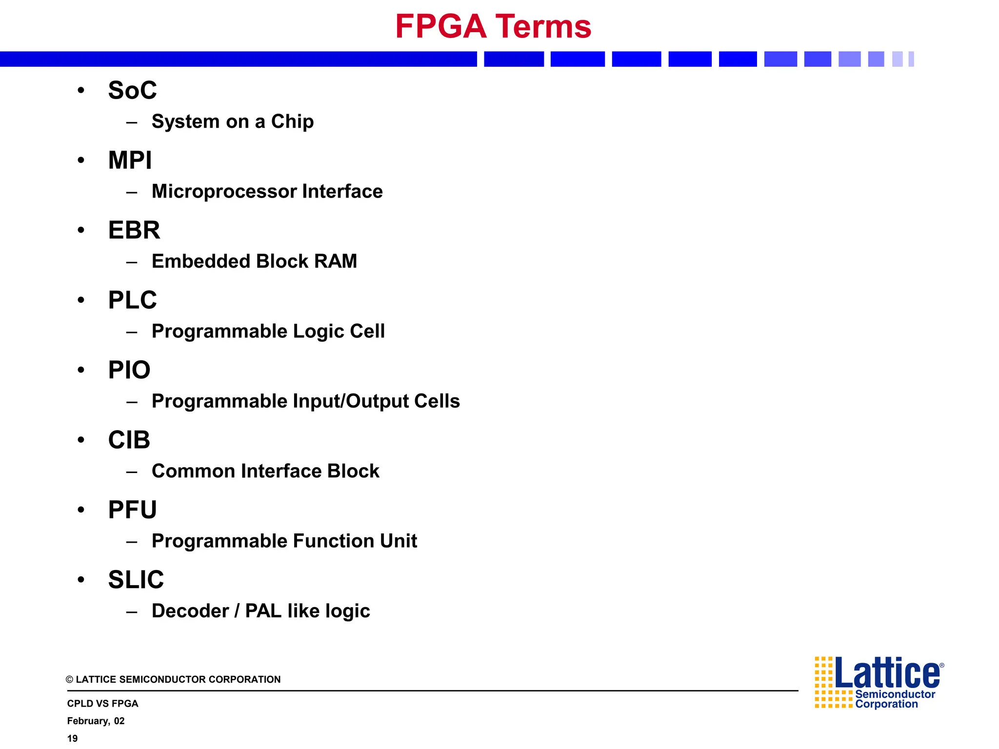 © LATTICE SEMICONDUCTOR CORPORATION
CPLD VS FPGA
February, 02
19
FPGA Terms
• SoC
– System on a Chip
• MPI
– Microprocessor Interface
• EBR
– Embedded Block RAM
• PLC
– Programmable Logic Cell
• PIO
– Programmable Input/Output Cells
• CIB
– Common Interface Block
• PFU
– Programmable Function Unit
• SLIC
– Decoder / PAL like logic
 