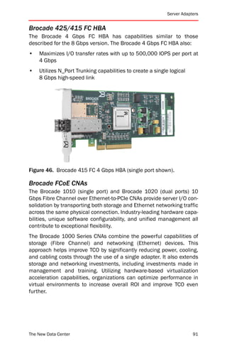 Server Adapters


Brocade 425/415 FC HBA
The Brocade 4 Gbps FC HBA has capabilities similar to those
described for the 8 Gbps version. The Brocade 4 Gbps FC HBA also:
•   Maximizes I/O transfer rates with up to 500,000 IOPS per port at
    4 Gbps
•   Utilizes N_Port Trunking capabilities to create a single logical
    8 Gbps high-speed link




Figure 46. Brocade 415 FC 4 Gbps HBA (single port shown).

Brocade FCoE CNAs
The Brocade 1010 (single port) and Brocade 1020 (dual ports) 10
Gbps Fibre Channel over Ethernet-to-PCIe CNAs provide server I/O con-
solidation by transporting both storage and Ethernet networking traffic
across the same physical connection. Industry-leading hardware capa-
bilities, unique software configurability, and unified management all
contribute to exceptional flexibility.
The Brocade 1000 Series CNAs combine the powerful capabilities of
storage (Fibre Channel) and networking (Ethernet) devices. This
approach helps improve TCO by significantly reducing power, cooling,
and cabling costs through the use of a single adapter. It also extends
storage and networking investments, including investments made in
management and training. Utilizing hardware-based virtualization
acceleration capabilities, organizations can optimize performance in
virtual environments to increase overall ROI and improve TCO even
further.




The New Data Center                                                     91
 
