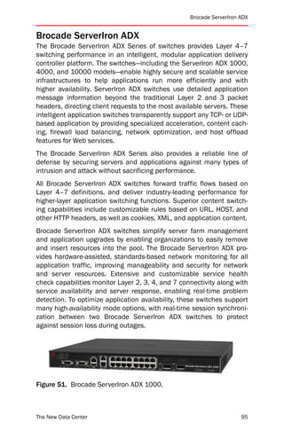 Brocade ServerIron ADX


Brocade ServerIron ADX
The Brocade ServerIron ADX Series of switches provides Layer 4–7
switching performance in an intelligent, modular application delivery
controller platform. The switches—including the ServerIron ADX 1000,
4000, and 10000 models—enable highly secure and scalable service
infrastructures to help applications run more efficiently and with
higher availability. ServerIron ADX switches use detailed application
message information beyond the traditional Layer 2 and 3 packet
headers, directing client requests to the most available servers. These
intelligent application switches transparently support any TCP- or UDP-
based application by providing specialized acceleration, content cach-
ing, firewall load balancing, network optimization, and host offload
features for Web services.
The Brocade ServerIron ADX Series also provides a reliable line of
defense by securing servers and applications against many types of
intrusion and attack without sacrificing performance.
All Brocade ServerIron ADX switches forward traffic flows based on
Layer 4–7 definitions, and deliver industry-leading performance for
higher-layer application switching functions. Superior content switch-
ing capabilities include customizable rules based on URL, HOST, and
other HTTP headers, as well as cookies, XML, and application content.
Brocade ServerIron ADX switches simplify server farm management
and application upgrades by enabling organizations to easily remove
and insert resources into the pool. The Brocade ServerIron ADX pro-
vides hardware-assisted, standards-based network monitoring for all
application traffic, improving manageability and security for network
and server resources. Extensive and customizable service health
check capabilities monitor Layer 2, 3, 4, and 7 connectivity along with
service availability and server response, enabling real-time problem
detection. To optimize application availability, these switches support
many high-availability mode options, with real-time session synchroni-
zation between two Brocade ServerIron ADX switches to protect
against session loss during outages.




Figure 51. Brocade ServerIron ADX 1000.



The New Data Center                                                   95
 