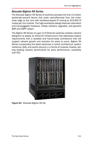 Core and Aggregation


Brocade BigIron RX Series
The Brocade BigIron RX Series of switches provides the first 2.2 billion
packet-per-second device that scale cost-effectively from the enter-
prise edge to the core with hardware-based IP routing to 512,000 IP
routes per line module. The high-availability design features redundant
and hot-pluggable hardware, hitless software upgrades, and graceful
BGP and OSPF restart.
The BigIron RX Series of Layer 2/3 Ethernet switches enables network
designers to deploy an Ethernet infrastructure that addresses today's
requirements with a scalable and future-ready architecture that will
support network growth and evolution for years to come. BigIron RX
Series incorporates the latest advances in switch architecture, system
resilience, QoS, and switch security in a family of modular chassis, set-
ting leading industry benchmarks for price performance, scalability
and TCO.




Figure 63. Brocade BigIron RX-16.




The New Data Center                                                    111
 