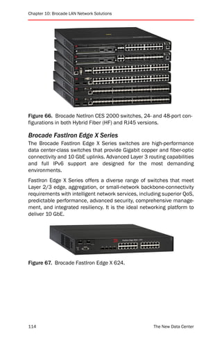Chapter 10: Brocade LAN Network Solutions




Figure 66. Brocade NetIron CES 2000 switches, 24- and 48-port con-
figurations in both Hybrid Fiber (HF) and RJ45 versions.

Brocade FastIron Edge X Series
The Brocade FastIron Edge X Series switches are high-performance
data center-class switches that provide Gigabit copper and fiber-optic
connectivity and 10 GbE uplinks. Advanced Layer 3 routing capabilities
and full IPv6 support are designed for the most demanding
environments.
FastIron Edge X Series offers a diverse range of switches that meet
Layer 2/3 edge, aggregation, or small-network backbone-connectivity
requirements with intelligent network services, including superior QoS,
predictable performance, advanced security, comprehensive manage-
ment, and integrated resiliency. It is the ideal networking platform to
deliver 10 GbE.




Figure 67. Brocade FastIron Edge X 624.




114                                                  The New Data Center
 