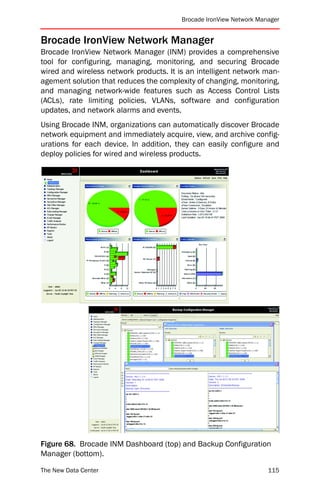 Brocade IronView Network Manager


Brocade IronView Network Manager
Brocade IronView Network Manager (INM) provides a comprehensive
tool for configuring, managing, monitoring, and securing Brocade
wired and wireless network products. It is an intelligent network man-
agement solution that reduces the complexity of changing, monitoring,
and managing network-wide features such as Access Control Lists
(ACLs), rate limiting policies, VLANs, software and configuration
updates, and network alarms and events.
Using Brocade INM, organizations can automatically discover Brocade
network equipment and immediately acquire, view, and archive config-
urations for each device. In addition, they can easily configure and
deploy policies for wired and wireless products.




Figure 68. Brocade INM Dashboard (top) and Backup Configuration
Manager (bottom).

The New Data Center                                                  115
 
