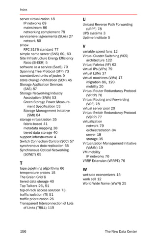 Index

server virtualization 18                U
   IP networks 69                       Unicast Reverse Path Forwarding
   mainstream 86                          (uRPF) 78
   networking complement 79             UPS systems 3
service-level agreements (SLAs) 27      Uptime Institute 5
   network 80
sFlow                                   V
   RFC 3176 standard 77
                                        variable speed fans 12
simple name server (SNS) 60, 63
                                        Virtual Cluster Switching (VCS)
Site Infrastructure Energy Efficiency
                                           architecture 122
   Ratio (SI-EER) 5
                                        Virtual Fabrics (VF) 62
software as a service (SaaS) 70
                                        virtual IPs (VIPs) 79
Spanning Tree Protocol (STP) 73
                                        virtual LUNs 37
standardized units of joules 9
                                        virtual machines (VMs) 17
state change notification (SCN) 45
                                           migration 86, 120
Storage Application Services
                                           mobility 20
   (SAS) 87
                                        Virtual Router Redundancy Protocol
Storage Networking Industry
                                           (VRRP) 76
   Association (SNIA) 53
                                        Virtual Routing and Forwarding
   Green Storage Power Measure-
                                           (VRF) 78
      ment Specification 53
                                        virtual server pool 20
   Storage Management Initiative
                                        Virtual Switch Redundancy Protocol
      (SMI) 84
                                           (VSRP) 77
storage virtualization 35
                                        virtualization
   fabric-based 41
                                           network 79
   metadata mapping 38
                                           orchestratration 84
   tiered data storage 40
                                           server 18
support infrastructure 4
                                           storage 35
Switch Connection Control (SCC) 57
                                        Virtualization Management Initiative
synchronous data replication 65
                                           (VMAN) 19
Synchronous Optical Networking
                                        VM mobility
   (SONET) 65
                                           IP networks 70
                                        VRRP Extension (VRRPE) 76
T
tape pipelining algorithms 66           W
temperature probes 15
                                        wet-side economizers 15
The Green Grid 6
                                        work cell 12
tiered data storage 40
                                        World Wide Name (WWN) 25
Top Talkers 26, 51
top-of-rack access solution 73
traffic isolation (TI) 51
traffic prioritization 26
Transparent Interconnection of Lots
   of Links (TRILL) 119




156                                                   The New Data Center
 