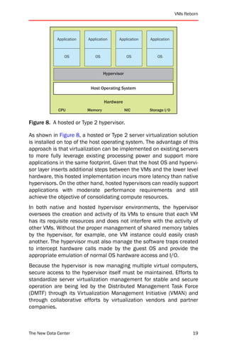 VMs Reborn




             Application   Application     Application   Application



                 OS            OS                 OS         OS



                                    Hypervisor


                            Host Operating System

                                    Hardware
             CPU           Memory                NIC     Storage I/O


Figure 8. A hosted or Type 2 hypervisor.

As shown in Figure 8, a hosted or Type 2 server virtualization solution
is installed on top of the host operating system. The advantage of this
approach is that virtualization can be implemented on existing servers
to more fully leverage existing processing power and support more
applications in the same footprint. Given that the host OS and hypervi-
sor layer inserts additional steps between the VMs and the lower level
hardware, this hosted implementation incurs more latency than native
hypervisors. On the other hand, hosted hypervisors can readily support
applications with moderate performance requirements and still
achieve the objective of consolidating compute resources.
In both native and hosted hypervisor environments, the hypervisor
oversees the creation and activity of its VMs to ensure that each VM
has its requisite resources and does not interfere with the activity of
other VMs. Without the proper management of shared memory tables
by the hypervisor, for example, one VM instance could easily crash
another. The hypervisor must also manage the software traps created
to intercept hardware calls made by the guest OS and provide the
appropriate emulation of normal OS hardware access and I/O.
Because the hypervisor is now managing multiple virtual computers,
secure access to the hypervisor itself must be maintained. Efforts to
standardize server virtualization management for stable and secure
operation are being led by the Distributed Management Task Force
(DMTF) through its Virtualization Management Initiative (VMAN) and
through collaborative efforts by virtualization vendors and partner
companies.



The New Data Center                                                           19
 