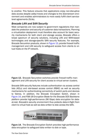 Brocade Server Virtualization Solutions


to another. This feature ensures that applications enjoy non-disruptive
data access despite adds/moves and changes to the downstream envi-
ronment and enables administrators to more easily fulfill client service-
level agreements (SLAs).
Brocade LAN and SAN Security
Most companies are now subject to government regulations that man-
date the protection and security of customer data transactions. Planning
a virtualization deployment must therefore also account for basic secu-
rity mechanisms for both client and storage access. Brocade offers a
broad spectrum of security solutions, including LAN and WAN-based
technologies and storage-specific SAN security features. For example,
Brocade SecureIron products, shown in Figure 13, provide firewall traffic
management and LAN security to safeguard access from clients to vir-
tual hosts on the IP network.




Figure 13. Brocade SecureIron switches provide firewall traffic man-
agement and LAN security for client access to virtual server clusters.

Brocade SAN security features include authentication via access control
lists (ACLs) and role-based access control (RBAC) as well as security
mechanisms for authenticating connectivity of switch ports and devices
to fabrics. In addition, the Brocade Encryption Switch, shown in
Figure 14, and FS8-18 Encryption Blade for the Brocade DCX Backbone
platform provide high-performance (96 Gbps) data encryption for data-
at-rest. Brocade's security environment thus protects data-in-flight from
client to virtual host as well as data written to disk across the SAN.




Figure 14. The Brocade Encryption Switch provides high-performance
data encryption to safeguard data written to disk or tape.

The New Data Center                                                         27
 