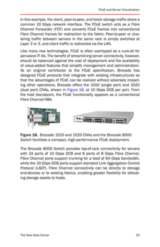 FCoE and Server Virtualization


In this example, the client, peer-to-peer, and block storage traffic share a
common 10 Gbps network interface. The FCoE switch acts as a Fibre
Channel Forwarder (FCF) and converts FCoE frames into conventional
Fibre Channel frames for redirection to the fabric. Peer-to-peer or clus-
tering traffic between servers in the same rack is simply switched at
Layer 2 or 3, and client traffic is redirected via the LAN.
Like many new technologies, FCoE is often overhyped as a cure-all for
pervasive IT ills. The benefit of streamlining server connectivity, however,
should be balanced against the cost of deployment and the availability
of value-added features that simplify management and administration.
As an original contributor to the FCoE specification, Brocade has
designed FCoE products that integrate with existing infrastructures so
that the advantages of FCoE can be realized without adversely impact-
ing other operations. Brocade offers the 1010 (single port) and 1020
(dual port) CNAs, shown in Figure 18, at 10 Gbps DCB per port. From
the host standpoint, the FCoE functionality appears as a conventional
Fibre Channel HBA.




Figure 18. Brocade 1010 and 1020 CNAs and the Brocade 8000
Switch facilitate a compact, high-performance FCoE deployment.

The Brocade 8000 Switch provides top-of-rack connectivity for servers
with 24 ports of 10 Gbps DCB and 8 ports of 8 Gbps Fibre Channel.
Fibre Channel ports support trunking for a total of 64 Gbps bandwidth,
while the 10 Gbps DCB ports support standard Link Aggregation Control
Protocol (LACP). Fibre Channel connectivity can be directly to storage
end-devices or to existing fabrics, enabling greater flexibility for allocat-
ing storage assets to hosts.




The New Data Center                                                          33
 
