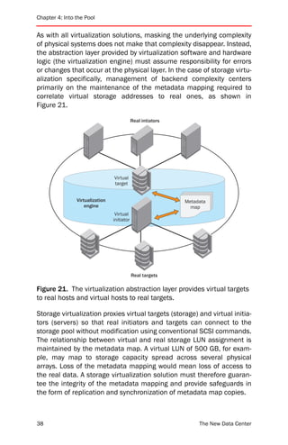Chapter 4: Into the Pool


As with all virtualization solutions, masking the underlying complexity
of physical systems does not make that complexity disappear. Instead,
the abstraction layer provided by virtualization software and hardware
logic (the virtualization engine) must assume responsibility for errors
or changes that occur at the physical layer. In the case of storage virtu-
alization specifically, management of backend complexity centers
primarily on the maintenance of the metadata mapping required to
correlate virtual storage addresses to real ones, as shown in
Figure 21.

                                             Real intiators




                                 Virtual
                                 target


                Virtualization                                Metadata
                    engine                                      map
                                  Virtual
                                 initiator




                                             Real targets

Figure 21. The virtualization abstraction layer provides virtual targets
to real hosts and virtual hosts to real targets.

Storage virtualization proxies virtual targets (storage) and virtual initia-
tors (servers) so that real initiators and targets can connect to the
storage pool without modification using conventional SCSI commands.
The relationship between virtual and real storage LUN assignment is
maintained by the metadata map. A virtual LUN of 500 GB, for exam-
ple, may map to storage capacity spread across several physical
arrays. Loss of the metadata mapping would mean loss of access to
the real data. A storage virtualization solution must therefore guaran-
tee the integrity of the metadata mapping and provide safeguards in
the form of replication and synchronization of metadata map copies.



38                                                                 The New Data Center
 