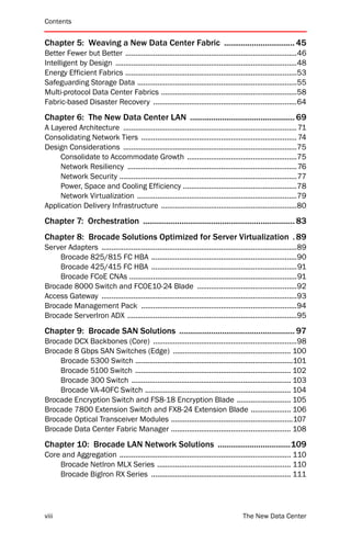 Contents


Chapter 5: Weaving a New Data Center Fabric ................................. 45
Better Fewer but Better ......................................................................................46
Intelligent by Design ...........................................................................................48
Energy Efficient Fabrics ......................................................................................53
Safeguarding Storage Data ................................................................................55
Multi-protocol Data Center Fabrics ....................................................................58
Fabric-based Disaster Recovery ........................................................................64
Chapter 6: The New Data Center LAN ................................................. 69
A Layered Architecture ....................................................................................... 71
Consolidating Network Tiers .............................................................................. 74
Design Considerations .......................................................................................75
     Consolidate to Accommodate Growth .......................................................75
     Network Resiliency .....................................................................................76
     Network Security .........................................................................................77
     Power, Space and Cooling Efficiency .........................................................78
     Network Virtualization ................................................................................79
Application Delivery Infrastructure ....................................................................80
Chapter 7: Orchestration ....................................................................... 83
Chapter 8: Brocade Solutions Optimized for Server Virtualization . 89
Server Adapters ..................................................................................................89
    Brocade 825/815 FC HBA .........................................................................90
    Brocade 425/415 FC HBA .........................................................................91
    Brocade FCoE CNAs ....................................................................................91
Brocade 8000 Switch and FCOE10-24 Blade ..................................................92
Access Gateway ..................................................................................................93
Brocade Management Pack ..............................................................................94
Brocade ServerIron ADX .....................................................................................95
Chapter 9: Brocade SAN Solutions ...................................................... 97
Brocade DCX Backbones (Core) ........................................................................98
Brocade 8 Gbps SAN Switches (Edge) ........................................................... 100
    Brocade 5300 Switch ...............................................................................101
    Brocade 5100 Switch .............................................................................. 102
    Brocade 300 Switch ................................................................................ 103
    Brocade VA-40FC Switch ......................................................................... 104
Brocade Encryption Switch and FS8-18 Encryption Blade ........................... 105
Brocade 7800 Extension Switch and FX8-24 Extension Blade .................... 106
Brocade Optical Transceiver Modules .............................................................107
Brocade Data Center Fabric Manager ............................................................ 108
Chapter 10: Brocade LAN Network Solutions ..................................109
Core and Aggregation ...................................................................................... 110
    Brocade NetIron MLX Series ................................................................... 110
    Brocade BigIron RX Series ...................................................................... 111




viii                                                                                   The New Data Center
 