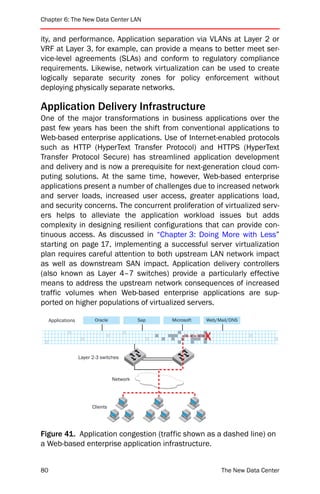 Chapter 6: The New Data Center LAN


ity, and performance. Application separation via VLANs at Layer 2 or
VRF at Layer 3, for example, can provide a means to better meet ser-
vice-level agreements (SLAs) and conform to regulatory compliance
requirements. Likewise, network virtualization can be used to create
logically separate security zones for policy enforcement without
deploying physically separate networks.

Application Delivery Infrastructure
One of the major transformations in business applications over the
past few years has been the shift from conventional applications to
Web-based enterprise applications. Use of Internet-enabled protocols
such as HTTP (HyperText Transfer Protocol) and HTTPS (HyperText
Transfer Protocol Secure) has streamlined application development
and delivery and is now a prerequisite for next-generation cloud com-
puting solutions. At the same time, however, Web-based enterprise
applications present a number of challenges due to increased network
and server loads, increased user access, greater applications load,
and security concerns. The concurrent proliferation of virtualized serv-
ers helps to alleviate the application workload issues but adds
complexity in designing resilient configurations that can provide con-
tinuous access. As discussed in “Chapter 3: Doing More with Less”
starting on page 17, implementing a successful server virtualization
plan requires careful attention to both upstream LAN network impact
as well as downstream SAN impact. Application delivery controllers
(also known as Layer 4–7 switches) provide a particularly effective
means to address the upstream network consequences of increased
traffic volumes when Web-based enterprise applications are sup-
ported on higher populations of virtualized servers.

     Applications          Oracle             Sap   Microsoft   Web/Mail/DNS




                    Layer 2-3 switches



                                    Network




                          Clients




Figure 41. Application congestion (traffic shown as a dashed line) on
a Web-based enterprise application infrastructure.


80                                                                   The New Data Center
 