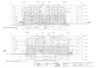 D01D01
G RL.178.76
B1 RL.175.96
B2 RL.173.16
column
column
column
column
column
G RL.178.76
B1 RL.175.96
B2 RL.173.16
column
column
column
column
column
column
column
column
column
SB01
W04
W16
D01
W07
W01W01
W07
D09 D09 D09D09
W04D10 D10
W06
W08W08
W01
W01 W01 W01 W01
W09W01 W01
W01W01
W01
W12 W12 W12
W02 W02 W02
Boundary
W02 W02W11
W12W11
W01
W10
W10
W10
W01
W12W12
W02
W06W01W01W06 W01
W04
W04
W09
W09
W09
W07
D13
CARPARK
CARPARK
natural ground line
on building
GB GB
Boundary
FB
FB
FB
MB
CRC CRC
CRC CRC
CRP
CRPCRP
CRP
CRP
0 1 2 3 4 5M
Boundary
1029514
Sill RL
1029514
Sill RL
1029514
Sill RL
Head RL
Head RL
Head RL
Sill RL
Head RL
Sill RL
Head RL
Sill RL
Sill RL
Head RL
Head RL
Upstand RL
Head RL
15457001543700760857164085785715437001543700857
Boundary
85785715431545700700154370085715437007608571640
Sill RL
Head RL
Sill RL
Head RL
Sill RL
Sill RL
Head RL
Head RL
Upstand RL
Head RL
W16
D01D01D01
D01D01
D01D01 D01 D01
D01
D01
D01
W01
W01
W01
W01
D09
(left
slide)
D09
(left
slide)
D09
(right
slide)
D09
(right
slide)
A
A14
A
A14
BLOCK A-WEST & EAST EL.
A1-1:100 A3-1:200
A10
38mm plastic overflows
D01
(left
slide) CRP
CRP
SW05
SW01 SW01 SW01 SW01
SW02 SW02 SW02SW02SW02SW02
SW07
SD01
SW07
SW04 SW04
SW05
SW05
SW07
SW04SW04SW04SW04
SD01 SD01 SD01
SB01
SB01
SB02
SB01
SB02
SW01
SB01 SB01
SB03M
SB03MSB03M
SB03M
SB01 SB01
1800
SW01M
BJ
BJ
BJ
BJ
10mm brick joint
half brick from corner
120
BJ BJ
BJ
BJ
BJ
BJ
BJ
BJ
10mm brick joint
half brick from corner
120
BJ
120
BJ
BJ
BJ
duct
RL. 180.31
balcony
RL. 178.674
4
A102
CRC CRC
CRC
CRC
CRC
CRC
CRC
CRP
CRP
CRP
CRP
CRC
1 2 3 4 5 6 7 8 9 10 11
CRC
38mm plastic
overflows
38mm plastic
overflows
D01D01D01
CRP
CRC
CRC
38mm plastic
overflows
38mm plastic
overflows
20 mm brick
overhang
20 mm brick
overhang
20 mm brick
overhang
20 mm brick
overhang
W17
W17
150 x 100 x 10 gal.
hot rolled section lintel
150 x 100 x 10 gal.
hot rolled section lintel
F
F
FF
W18
F
F
F F
W18
F
D13
F
D13
SW01M
W06
SW05
W07
SW07
150x75 SHS. steel
frame to detail
SB04M SB04M
1800
1885m High Courtyard
Masonary Wall
Top of Wall RL 180.56
Top of Wall 1770mm
above Eastern Side of
Walkway
G
14.12.06
R.L.+177.90
200 block top
R.L.+176.96
R.L.+177.18
800
200 block top
R.L.+177.36
R.L.+177.67 R.L.+177.75
12001600
1600400
R.L.+178.65
R.L.+178.48
200 block top
R.L.+178.16
Edge of beam with
exterior blockwork
Lower interior
edge of beam
Edge of beam with
exterior blockwork
Lower interior
edge of beam
Edge of beam with
exterior blockwork
Lower interior
edge of beam
natural ground line
on building 200 block top
R.L.+177.96
Edge of beam with
exterior blockwork
Lower interior
edge of beam
8002000
400
300 Blockwork
for water tank
150 block top
R.L.+178.16
300 block top
R.L.+178.56
200 Blockwork
18001000
2000800
300 Blockwork
for water tank
200 Blockwork
150 Blockwork
150 Blockwork
2000
EXG
EXG
EXG
EXG EXG
EXG
EXG EXG
Issue Date Amendments
A 27.04.06 Issued for Construction.
B 30.05.06 Amended Levels.
C 28.06.06 Amended R.L's.
D 30.06.06 Block a Cortyard Wall Height
Adjustment,Exhaust ducts Added
+ elevations & RL's Added for the
ground beams construction.
E 12.10.06 Revised Balconies on level 2
F 07.12.06 Windows move up by 86mm
& brick overhang altered to 20mm.
G 12.12.06 Revised Exhaust Ducts
external doors to Unit A05
in Bedroom & Living
increase by 86mm in head
height
external doors to
Unit A04 in Bedroom
& Living
increase by 86mm in
head height
2486
2486
172
EXG
110
172
120
EXG
EXG
1029
EXG
2572
Align
20 mm brick
overhang
EXG
1029
Align
EXG
1029
Align
EXG
172
120
EXG
172
120
120
EXGEXG
172
172
EXG
Exhaust Grill 230 x 172
EXG EXG
85
1910
EXGEXG
85
Align
85
Align
85
85
Align Align
EXG
110110
172
EXG
110 590
230 230
EXG EXGEXG
110110
172
EXG
110 590
230 230
EXG
110110
172
EXGEXG
110110
172
EXGEXG
110110
172
EXGEXG
110110
172
110
110
EXGEXG
172
172
110
110
172
110
172
110
EXG EXG
172
110
172
110
85
1910
110
EXG
230 230
230
230 470
344
EXG
EXG
172
110
EXG
230 230
230
230 470
344
EXG
830
172
G RL.178.76
L1 RL.181.86
L2 RL.184.96
L3 RL.188.06
L4 RL.191.16
C RL.193.86
31703100310031003100
Roof RL.194.33
G RL.178.76
L1 RL.181.86
L2 RL.184.96
L3 RL.188.06
L4 RL.191.16
C RL.193.86
B2 RL.173.16
B1 RL.175.96
3170310031003100310028002800
Roof RL.194.33
Head RL
Sill RL
Head RL
Sill RL
Sill RL
Head RL
Head RL
Upstand RL
857857154361470015437008571543700
18861886514
760
514
Sill RL
Sill RL
Head RL
Sill RL
Head RL
Sill RL
Sill RL
Head RL
Head RL
Upstand RL
857857154361470015437008571543700760
Head RL
Head RL
1640
Head RL
1640
Head RL
86
1972
240086
234567891011 1
BLOCK A - WEST ELEVATION
FB
CRC
MB
PS CRP
CRC
MB
PS
WONIORA
AVENUE
DGB
CRC
MB MB
CRCPSPS CRP
WONIORA
AVENUE
BLOCK A - EAST ELEVATION
B2
B1
G
L1
L2
L3
L4
R
G
L1
L2
L3
L4
R
CRP
DGB
DGB
DGB
27002700
Job:
Proposed Residential Development
1-9 Woniora Avenue
Wahroonga
Figured dimensions to be taken in preference to scale. Verify all
dimensions on site (vos). Copyright for the information contained
herein remains the property of Owen & Gilsenan Architects.
Drawing :
Scale :
Drawing No. :
Drawn : MD
Owen & Gilsenan Architects
Client:
Woniora Avenue Pty Ltd
Suite 4.1 P : (02) 9212 2417
105 Kippax Street F : (02) 9212 2617
Surry Hills NSW 2010 E : codesign@tpg.com.au
Issue :
LEGEND
GB glass balustrades
DGB diffuse glass balustrades
FB selected face brickwork
MB metal balustrade
CRP cement rendered & painted brickwork
AW powdercoated aluminium frame
windows & doors
PS privacy screens
BRP cement rendered & painted blockwork
CRC cement rendered & painted concrete
FL fixed louvres
BJ brick joint
Date :
 
