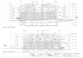 W15
W15
D08 D09 D09
W04 W04
W04 D08
D10 D10
W04 W04 W04
D13
W03 W06 W01 W01 W03W01W01 W06
W10
W10
W10
W10
W01 W01
W01 W01
W01 W01
W01
W01
W01
W01
W01
W01
W01
W01
W01
W01
W01
W01W01W01
W09
W09
W09
W09
CRC
CRC
CRC
GB
GB
FB
FB
CRP
CRP
CRP
PS
CRCCRC
MBMB
WONIORA
AVENUE
CRC
FB
CRC
MB MB
CRP
CRP
CRC
FB
CRC
AW
WONIORA
AVENUE
BLOCK C - EAST ELEVATION
BLOCK C - WEST ELEVATION
W01 W01
W04
W04
W04
W04
natural ground line
on building
CARPARK
CARPARK
Boundary
Boundary
W14
W09
310031003100310036002800
G RL.181.06
L1 RL.184.16
L2 RL.187.26
L3 RL.190.36
L4 RL.193.46
C RL.196.16
B1 RL.177.46
B2 RL.174.66
Roof RL.196.63
Boundary
DRIVEWAY
natural ground line
CRP
CRP
CRP
CRP
0 1 2 3 4 5M
W01 W01
D03
D03
W15
D01
D01
D01
D01
W01
W01
W01
W01
W15
D01D01D01D01
D01 D01
W01
D01
(right
slide)
A
A14
W13
BLOCK C-WEST & EAST EL.
A1-1:100 A3-1:200
A12
RL 180.974
RL 180.074
RL 180.545
CRP
A
A14
SW01
SW01
SW01
SW01
SW01
SW01
SW01
SW01
SW08
SW08SW08
SB01 SB01
SW09
SW09
SW09
SW09
SB07SB07
SW10
SW10
SW10
SW10 SW08
SB01
SW01
SW05
SW01 SW01 SW01
SW05
SD01
SW01
SW01
SW01
SW01
SW01
SD01SD01
SW01 SW01
SD01 SD01
SW09
SB01
SB01SB01
SB05
SB05
SB05
SB05
SB01
SB01
D03
G
L1
L2
L3
L4
R
B2
B1
150x75 RHS. steel
frame to detail
1640
DGB
DGB
DGB
SD01
SW01M SW01M
BJ
BJ
BJ
BJ
10mm brick joint
half brick from corner
120 120
BJ
BJ
BJ
BJ
BJ
BJ
BJ
BJ
BJ
BJ
BJ
BJ
security gate
4
A107
CRC
CRC
CRC CRC
CRC
CRC
CRC
CRP
CRC
CRC
20 mm brick
overhang
38mm plastic
overflows
20 mm brick
overhang
38mm plastic
overflows
CRCCRC
38mm plastic overflows
38mm plastic
overflows
BJ
10mm brick joint
half brick from corner BJ
10mm brick joint
half brick from corner BJ
10mm brick joint
half brick from corner
W17
W17
SW11
SW11
150 x 100 x 10 gal.
hot rolled section lintel
150 x 100 x 10 gal.
hot rolled section lintel
150 x 100 x 10 gal.
hot rolled section lintel
W06
SW05
W06
SW05
SB04MSB04M
3170
F
13.12.06
15101800290
R.L.+179.98
Edge 0f beam with
exterior blockwork
200 block top
R.L.+179.75
200 Blockwork
Lower interior
edge of beam
B1 RL. 177.875
R.L.+180.96
2600585
Edge of beam with
exterior blockwork
Lower interior
edge of beam
200 block top
R.L.+180.675
200 Blockwork
300 6310 800 6245 800 200200 4005 800 3935 200 800 6825 800 4750 800 200
R.L.+180.87
7102000
B1 RL. 178.35
200 block top
R.L.+180.55
200 Blockwork
Lower interior
edge of beam
Edge 0f beam with
exterior blockwork
200 block top
R.L.+180.675 200 Blockwork
EXGEXG
EXG EXG
EXG
EXG
EXGEXG
Issue Date Amendments
A 27.04.06 Issued for Construction.
B 30.05.06 Amended Levels.
C 30.06.06 Exhaust ducts Added
+ elevations & RL's Added for the
ground beams construction.
D 12.10.06 Revised balconies @ Level 2
E 07.12.06 Brick overhang altered to 20mm.EXG
Exhaust Grill 230 x 172
EXGEXG
172
470
172
EXG
1029
172
EXG
172
EXG
1029
AlignAlign
EXG
Align
EXG
Align
4090
Align
EXGEXG
470
172
EXG
1029
Align
EXG
350
172
EXG
1029
Align
EXG
350
3590
172
EXG
3590
172
172
85
EXG
85
1670
85
EXG
85
1670
172
350 230
EXG
120
172
EXG
172
350 230
EXG
120
172
830230
172
EXG
170
120
EXG
172
EXG
170
120 830230
172
EXGEXG
Align
85
85
110
110
172
EXGEXG
172
110
110
172
1 2 3 4 5 6 7 8 9 10 11
Sill RL
Head RL
Sill RL
Head RL
Sill RL
Sill RL
Head RL
Head RL
Upstand RL
8578571543154570070015437008571543700
10291029514
760
514
857
18861886514514
Sill RL
Sill RL
Sill RL
Sill RL
Sill RL
Head RL
Sill RL
Head RL
Sill RL
Sill RL
Head RL
Head RL
Upstand RL
8578571543154570070015437008571543700760857
1886514
Sill RL
1886514
Sill RL
1029514
Sill RL
1029514
Sill RL
Head RL
Head RL
Head RL
Head RL
Head RL
Head RL
Head RL
Head RL
Head RLHead RL
1640
Sill RL
Head RL
Sill RL
Head RL
Sill RL
Sill RL
Head RL
Head RL
Upstand RL
8578571543154570070015437008571543700
1886514
760857
Sill RL
Sill RL
Head RL
Sill RL
Head RL
Sill RL
Sill RL
Head RL
Head RL
Upstand RL
8578571543154570070015437008571543700760857
Head RL
Head RL
1640
Head RL
1640
G
L1
L2
L3
L4
R
G RL.181.06
L1 RL.184.16
L2 RL.187.26
L3 RL.190.36
L4 RL.193.46
C RL.196.16
Roof RL.196.63
2700
3100310031003100
Boundary
1234567891011
3170
2700
Job:
Proposed Residential Development
1-9 Woniora Avenue
Wahroonga
Figured dimensions to be taken in preference to scale. Verify all
dimensions on site (vos). Copyright for the information contained
herein remains the property of Owen & Gilsenan Architects.
Drawing :
Scale :
Drawing No. :
Drawn : MD
Owen & Gilsenan Architects
Client:
Woniora Avenue Pty Ltd
Suite 4.1 P : (02) 9212 2417
105 Kippax Street F : (02) 9212 2617
Surry Hills NSW 2010 E : codesign@tpg.com.au
Issue :
LEGEND
GB glass balustrades
DGB diffuse glass balustrades
FB selected face brickwork
MB metal balustrade
CRP cement rendered & painted brickwork
AW powdercoated aluminium frame
windows & doors
PS privacy screens
BRP cement rendered & painted blockwork
CRC cement rendered & painted concrete
FL fixed louvres
BJ brick joint
Date :
 