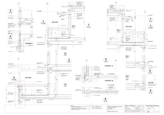 WALL DETAILS 1-BLOCK A
A100
86
L3 RL188.06
180
300
400
214
200
400
BED 3
A17
250
200 250
L2 RL.184.96
L1 RL.181.86
steel lintel to eng. detail paint
u/s to achieve fire rating
gal. iron smoke stop
180
300
400
BED 3
A13
A07
concrete column CARPARK B1
CARPARK B2
50
200
anti-concrete dusting
finish to concrete slab
waterproof membrane
cellular drainage board
exposed rock face
50mm PVC tube
20mm expansion
junction to all
Basement 1
concrete edges
AG line to HMD eng's detail
covered with building
paper & coarse gravel & connected
to stormwater line
B1 RL.175.96
A B
150x75 dish drain
connected to stormwater line
fine gravel bed
P.V.C. membrane
do not puncture
300mm lapped & taped
anti-concrete dusting
finish to concrete slab
B2 RL.173.16
connect to stormwater
86
A
handrail to detail
ENS
ENS
A20
A16
BALCONY
tiles fall to sump
(see hydraulic drawing
for detail)
200
86220
1114
L3 RL.188.06
L2 RL.184.96
110
700857
1050
300
400
214
250
305
100 x 100 SHS
200
BALCONY
pencil round edge
760
20
slope render down
25
white river pebbles
25 20
handrail to detail
200
waterproof membrane
B
A21
tiles fall to sump
see hydraulic drawing
for detail
2700
foil & foam insulation
attached to u/s slab
13mm plasterboard
ceiling & bulkhead
plaster skim
coat soffit
10mm x 20mm
drip groove
BED 1
1050
150 250
300150
200
170
24086
C RL.193.86
L4 RL.191.16
170
min
1085
500
240
325
150
min
2700 ceiling height
1286
3100
1114
D
waterproof
membrane
760
20
25
white river pebbles
2520
handrail to detail
200
waterproof membrane
1050
150
74
170
240
C RL.193.86
L4 RL.191.16
750
1085
150
min
E
2400
BALCONY
250
tiles fall to sump
(see hydraulic
drawing for detail)
pencil round square
edge
A21
BED 3
1
A14
2
A14
5
A14
6
A14
7
A14
8
A14
9
A14
2700
2400
BASEMENT 1
natural ground line
110
face brickwork
concrete block
G RL.178.76
900
300
450
waterproof membrane
A
13mm plasterboard
ceiling & bulkhead
200
250
180
857
L1 RL.181.86
400
300
400
gal. iron smoke stop
3100
4
A14
3
A14
300
200200
min
foil & foam insulation
attached to u/s slab
2x13mm plasterboard
ceiling & bulkhead
2700
13mm plasterboard ceiling & bulkhead
13mm plasterboard ceiling & bulkhead
170
120
450
250
300
1200
foil & foam insulation
attached to u/s slab
13mm plasterboard
ceiling & bulkhead
1286
2400
3100
flashing
window with fixed bottom
glazing
flashing
upturn flashing at
window
flashing
190
flashing
CRC
CRC
allow reglet for membrane
& overflashing
allow reglet for
membrane &
overflashing
slope render down
20
110 150
20
C.J. in renderalcore to junction
C.J. in render
C.J. in render alcore to junction
steel lintel to eng. detail paint
u/s to achieve fire rating
steel lintel to eng. detail paint
u/s to achieve fire rating
steel lintel to eng. detail
paint u/s to achieve
fire rating
C.J. in render alcore to junction
steel lintel to engineers details
C.J. in render
C.J. in render alcore to junction
DPC
DPC
343
waterproof paint
stepped cavity flashing
& weep perpend
stepped cavity flashing
& weep perpend
waterproof membrane
CRC
waterproof membrane
termite barrier
stone capping
plasterboard lining
insert waterstop
waterproof membrane
Fall 20mm
Fall 20mm
set plaster finish
insert waterstop
500
857
86
20
allow for brick expansion
mastic junction
75mm x 11kg/m3 glass
wool insulation
13mm plasterboard ceiling
& bulkhead
min.
plaster skim
coat soffit
10mm x 20mm
drip groove
foil & foam insulation
attached to u/s slab
2x13mm plasterboard
ceiling & bulkhead
foil & foam insulation
attached to u/s slab
2x13mm plasterboard
ceiling & bulkhead
200
857
steel lintel to eng. detail paint
u/s to achieve fire rating
1501703002700325
240
500
400
turn-up flashing 1 course
at cavity
300
250
86
1
A108
internal sheeth connection
150 x 75 SHS
4
A108
1
A108
150 x 50 hardwood @ 470 cts
Roof RL. 194.33
Roof RL. 194.33
Issue Date Amendments
A 27.04.06 Issued for Construction.
B 30.06.06 Amended Levels.
C 12.10.06 Revised Brick Parapet. 12.10.06
C
40
Scale :
Job:
Proposed Residential Development
1-9 Woniora Avenue
Wahroonga
Figured dimensions to be taken in preference to scale. Verify all
dimensions on site (vos). Copyright for the information contained
herein remains the property of Owen & Gilsenan Architects.
Drawing :
Date :
Drawing No. :
Drawn : LY
Owen & Gilsenan Architects
Client:
Woniora Avenue Pty Ltd
Suite 4.1 P : (02) 9212 2417
105 Kippax Street F : (02) 9212 2617
Surry Hills NSW 2010 E : codesign@tpg.com.au
Issue :
A1-1:20 A3-1:40
NOTES:
- 75mmx11Kg/m3 density glass wool insulation to all bathroom &
ensuite ceilings with pipework above.
- Lagging to all waste/stormwater pipes penetratingwalls.
Penetrations to be laged 100 min. either side with joints filled
with Bostik Fireban backing rod.
 