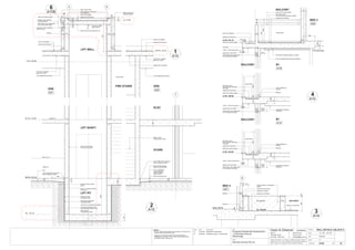 A102
WALL DETAILS 3-BLOCK A
PLANTER
G RL.178.76
pavers on mortar bed
230
230
E
86
RL.178.674
sandstone capping
garden planter to Landscape
design
waterproof membrane
WALKWAY
flashing
7
RAMP UP
RAMP UP
FRL 174.12
slope render down
white river pebbles
waterproof membrane
allow for structural support for lift
render finish
LIFT WELL
plaster skim coat finish
white river pebbles
waterproof membrane
FIRE STAIRS
LIFT SHAFT
LIFT PIT
ELEC
STORE
stairs to have
carborumdrum finish
ENS
150180
200
foil & foam insulation
glued to u/s slab
foil & foam insulation
glued to u/s slab
13mm plasterboard ceiling
A21
white river pebbles
waterproof membrane
10mm ABELFLEX all round
joint to engineer's detail
concrete construction joint
with waterstop placed in-situ
waterproof paint
to external walls
fully sealed waterproof
membrane jacket
300
C RL.193.86
B1 RL.175.96
B2 RL.173.16
allow for lift structure
to be cast into walls
DPC
300
50mm fine gravel bed
P.V.C. membrane
do not puncture
300mm lapped &
taped at joints
anti-concrrete dusting
finish to concrete slab
Lift Sump to manufacturer's detail
1060
lift pit sump to
manufacture's detail
backfill with fine coarse
gravel
6mm F.C. sheet to protect
membrane
BALCONY
render finish
pencil round square edge
760
tiles fall to sump
(see Hydraulic drawings for detail)
1050
150
250
200
L4 RL.191.16
240
325
2700 ceiling height
BED 3
A22
200
L3 RL.188.06
180
214
plasterboard ceiling &
bulkhead
200
L2 RL.184.96
180
300
400
214
tiles fall to sump
(see Hydraulic drawings
for detail)
render finish
tiles fall to sump
(see Hydraulic drawings
for detail)
render finish
1
A15
2
A15
4
A10
3
A14
120
600
120
10mm ABELFLEX all round
joint to engineer's detail
CJ
CJ
CJ
170
CJ
CJ
CJ
CJ
CJ
50
110
CJ
CJ
CJ
CJ
300
flashing
upturn flashing at
window
flashing
upturn flashing at
window
flashing
110 50
foil & foam insulation glued to u/s slab
2x13mm plasterboard ceiling & bulkhead
13mm plasterboard ceiling
CJ
CJ
mastic seal at junction
8686
25 10
plaster skim coat soffit
10mm x 10mm drip groove
25 10
plaster skim coat soffit
10mm x 10mm drip groove
25 10
plaster skim coat soffit
10mm x 10mm drip groove
white river pebbles
waterproof membrane
steel lintel to eng. detail paint
u/s to achieve fire rating
steel lintel to eng. detail paint
u/s to achieve fire rating
steel lintel to eng. detail paint
u/s to achieve fire rating
200
50
110
allow reglet for membrane
& overflashing folded colourbond
parapet capping
waterstop
10mm fall
50
waterproof membrane
38mm Ø overflow spigot
1000
waterproof membrane
38mm Ø overflow spigot
300
400 plasterboard ceiling &
bulkhead
1000
38mm Ø overflow spigot
40686
A01
BED 3
B1
A18
B1
A14
500
BALCONY
BALCONY
ENS
A22
waterproof membrane
5 6
38mm Ø overflow spigot
6
A108
Roof RL. 194.33
RL. 194.94
610
B2 RL.173.16
RL. 172.10
Universal I Beam
(200*133mm)
stepped cavity flashing
& weep perpend
steel lintel to eng. detail paint
u/s to achieve fire rating
louvers for shaft ventilation
(400*150mm)
flashing
150
Issue Date Amendments
A 27.04.06 Issued for Construction.
B 30.06.06 Amended Levels + Lift Structure.
30.06.06
B
Scale :
Job:
Proposed Residential Development
1-9 Woniora Avenue
Wahroonga
Figured dimensions to be taken in preference to scale. Verify all
dimensions on site (vos). Copyright for the information contained
herein remains the property of Owen & Gilsenan Architects.
Drawing :
Date :
Drawing No. :
Drawn : LY
Owen & Gilsenan Architects
Client:
Woniora Avenue Pty Ltd
Suite 4.1 P : (02) 9212 2417
105 Kippax Street F : (02) 9212 2617
Surry Hills NSW 2010 E : codesign@tpg.com.au
Issue :
A1-1:20 A3-1:40
NOTES:
- 75mmx11Kg/m3 density glass wool insulation to all bathroom &
ensuite ceilings with pipework above.
- Lagging to all waste/stormwater pipes penetratingwalls.
Penetrations to be laged 100 min. either side with joints filled
with Bostik Fireban backing rod.
 