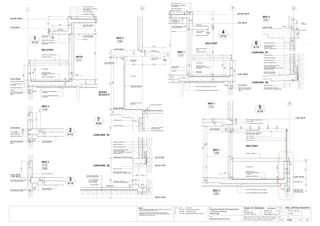 WALL DETAILS 6-BLOCK C
A105
BALCONY
render finish
pencil round square edge
760
20
slope render down
white river pebbles
handrail to detail
waterproof membrane
foil & foam insulation glued
to u/s slab
2 x 13mm plasterboard ceiling
& bulkhead
tiles fall to sump
(see Hydraulic drawings
for detail)
2400
10mm x 20mm
drip groove
1050
150 250
600150
200
170
240
C RL.196.16
L4 RL.193.46
750
170
min
1085
500
240
325
150
(min.)
L
C17
BATH
86
L3 RL190.36
180
300
214
200
400
250
857
200
250
L2 RL.187.26
L1 RL.184.16
steel lintel to eng. detail paint
u/s to achieve fire rating
gal. iron smoke stop
180
300
400
857
86
handrail to detail
BALCONY
tiles fall to sump
(see Hydraulic drawings
for detail)
1286
200
render finish
180
2700
1114
3100
L3 RL.190.36
L2 RL.187.26
110
700857
300
1050
180
300
400
214
250
305
500
150 x 75 SHS
internal sheeth connection
200
250
Q
BED 1
C09
face
brickwork
414
G RL.181.06
86
500
BED 3
C01
reinfoced brickwork
waterproof membrane
& termite barrier
cellular drainage board
190
DPC
343
flashing
Q
CARPARK B1
CARPARK B2
render finish
760
20
slope render down
25
white river pebbles
2520
handrail to detail
200
waterproof membrane
foil & foam insulation glued to u/s slab
2x13mm plasterboard ceiling & bulkhead
2700
plaster skim coat soffit
10mm x 20mm
drip groove
1050
150
300150
200
170
240
C RL.196.16
L4 RL.193.46
750
1085
240
325
150
min
170
min
2400
BALCONY
250
500
tiles fall to sump
(see Hydraulic drawings
for detail)
pencil round square
edge
86
BED 1
C17
CARPARK B1
CARPARK B2
50mm PVC tube
GARBAGE STORE LEVEL
waterproof membrane
AG line to HMD eng's detail
covered with building
paper & coarse gravel & connected
to stormwater line
cellular drainage board
exposed rock face
150x75max. dish drain
connected to stormwater line
fine gravel bed
P.V.C. membrane
do not puncture
300mm lapped
anti-concrete dusting
finish to concrete slab
G RL.181.06
reinforced brickwork
cellular drainage board
190
concrete column
L1 RL.184.16
2700320
1200
BED 2
C06
23486
face brick
ENTRY
BLOCK C
2520
10mm x 20mm
drip groove
aluminium entry door
refer dwg. A200-D13
recessed door matt
setdown
3185
RL.177.875
RAMP UP
B2 RL.175.05
2825
B1 RL.177.46
paving as specified
300 400
20 300
450
250
150
300
1
A14
2
A14
5
A14
4
A14
3
A14
6
A14
foil & foam
insulation glued
to u/s slab
13mm plasterboard
ceiling & bulkhead
flashing
upturn flashing
at window
120
20mm expansion junction
to all basement 1 concrete edges
150
320
200
foil & foam insulation
glued to u/s slab
13mm plasterboard
ceiling & bulkhead
flashing
flashing
13mm plasterboard
ceiling & bulkhead
13mm plasterboard
ceiling & bulkhead foil & foam insulation glued to u/s slab
2x13mm plasterboard ceiling & bulkhead
13mm plasterboard
ceiling & bulkhead
50
50mm PVC pipe
20mm expansion junction
to all basement 1 concrete edges
AG line to HMD eng's detail
covered with building
paper & coarse gravel & connected
to stormwater line
anti-concrete dusting
finish to concrete slab
cellular drainage board
concrete column
waterproof membrane
exposed rock face
80
100
2780
13mm plasterboard
ceiling & bulkhead 900
7
A04
C.J. in render
allow reglet for membrane
& overflashing
steel lintel to eng. detail
paint u/s to achieve fire
rating
C.J. in render alcore
to junction
steel lintel to eng. detail
paint u/s to achieve fire
rating
C.J. in render
alcore to junction
steel lintel to eng. detail paint
u/s to achieve fire rating
allow reglet for membrane
& overflashing
steel lintel to eng. detail
paint u/s to achieve fire
rating
C.J. in render
alcore to junction
C.J. in render
steel lintel to eng. detail paint
u/s to achieve fire rating
C.J. in render alcore to junction
150
steel lintel to eng.
detail paint u/s to
achieve fire rating
20
20
waterproof paint
plaster skim
coat soffit
Fall 20mm
waterproof membrane
& termite barrier
Fall 20mm
Fall 20mm
400
BED 2
C12
C08
400
water stop & flashing
38mm Ø overflow spigot
flashing
water stop & flashing
waterproof membrane
BED 2
C16
25 20
(fall)
plaster skim coat soffit
2700
25
allow for brick expansion
mastic joint
850
30420
1200
BED 1
C13
waterproof
membrane
BED 3
C05
waterproof membrane
200
PQ
privacy screen
86
86220
100 x 100 SHS
150 x 50 hardwood @ 470 cts
Roof RL.196.63
Roof RL.196.63
Issue Date Amendments
A 27.04.06 Issued for Construction.
B 30.06.06 Amended Levels .
C 12.10.06 Revised Balconies on Level 2. 12.10.06
C
40
Scale :
Job:
Proposed Residential Development
1-9 Woniora Avenue
Wahroonga
Figured dimensions to be taken in preference to scale. Verify all
dimensions on site (vos). Copyright for the information contained
herein remains the property of Owen & Gilsenan Architects.
Drawing :
Date :
Drawing No. :
Drawn : LY
Owen & Gilsenan Architects
Client:
Woniora Avenue Pty Ltd
Suite 4.1 P : (02) 9212 2417
105 Kippax Street F : (02) 9212 2617
Surry Hills NSW 2010 E : codesign@tpg.com.au
Issue :
A1-1:20 A3-1:40
NOTES:
- 75mmx11Kg/m3 density glass wool insulation to all bathroom &
ensuite ceilings with pipework above.
- Lagging to all waste/stormwater pipes penetratingwalls.
Penetrations to be laged 100 min. either side with joints filled
with Bostik Fireban backing rod.
 